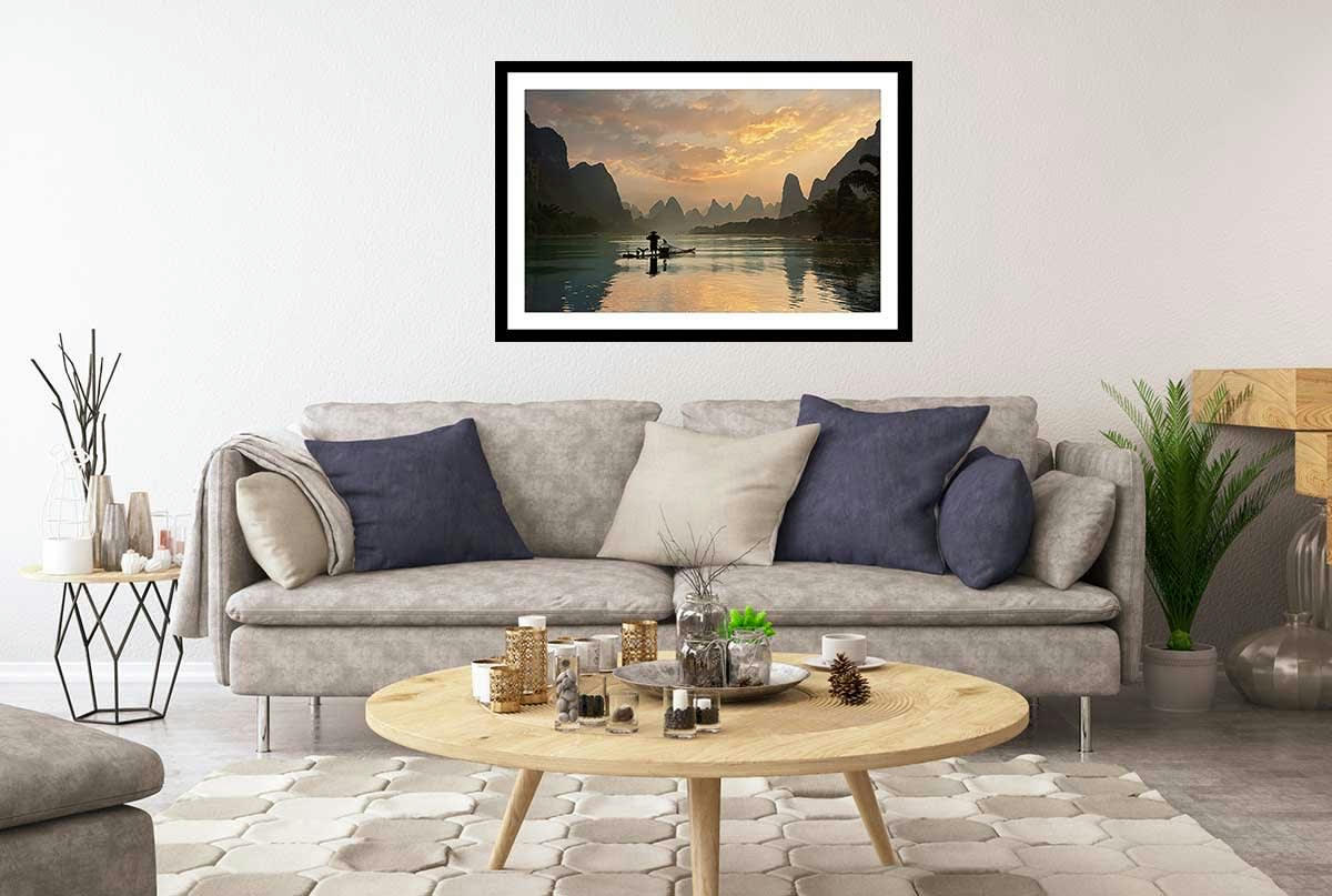 - Affiche paysage baie d' halong avec cadre noir 60x40cm