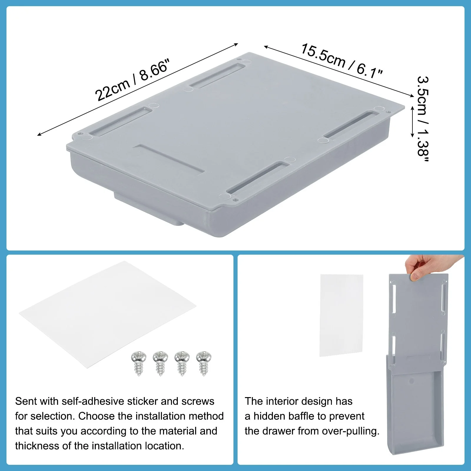 Self-Adhesive Under Desk Drawer for Standing Desk Office - 8.66 x 6.1 x 1.38 inches