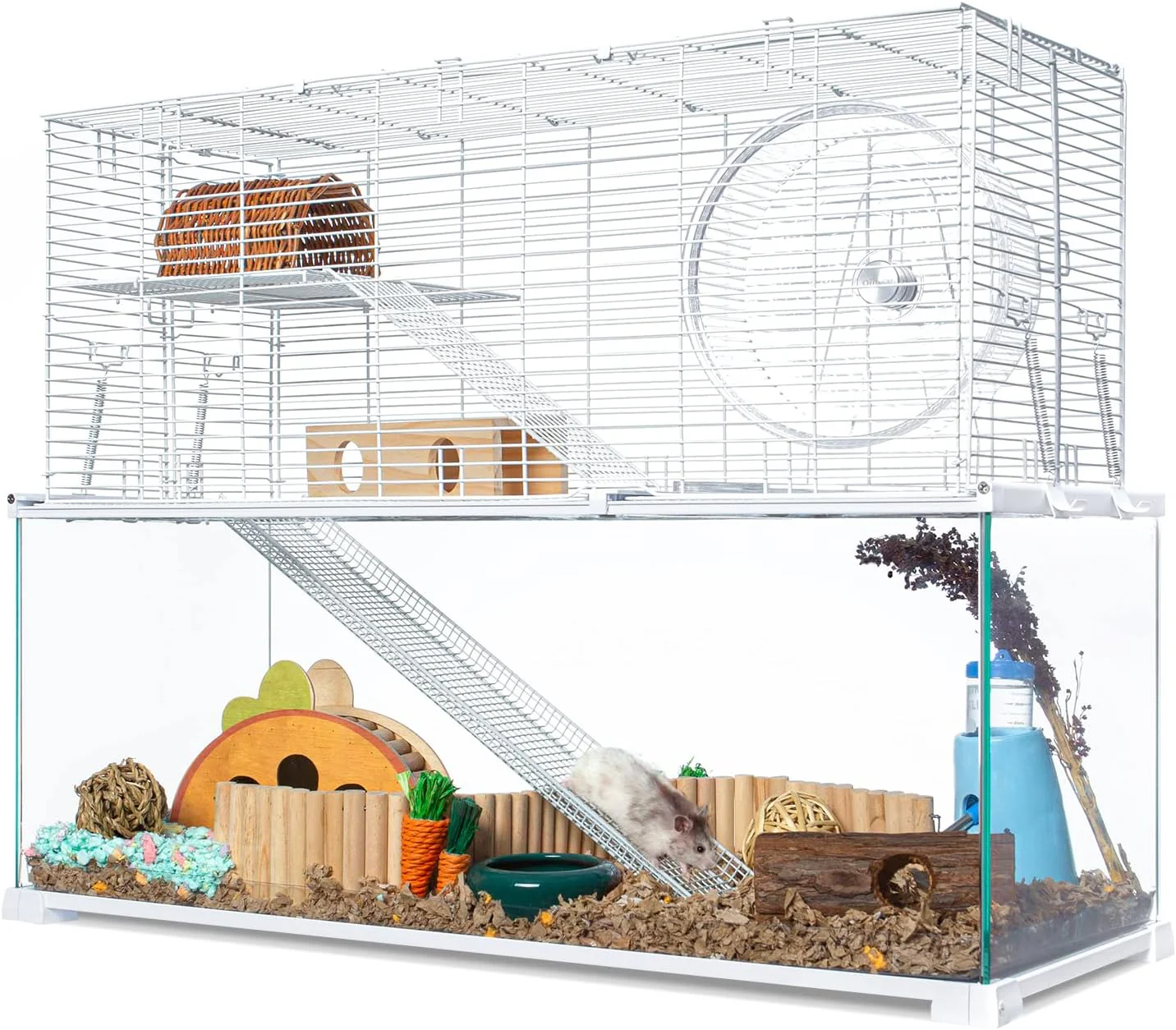 3 Tiers Large Hamster Cages, Glass Hamster Cage Habitat with Openable Wire Topper, Gerbil Cage with Two Ladders Ramps and Removeable Waterproof PVC Tray, Easy to Clean(30)