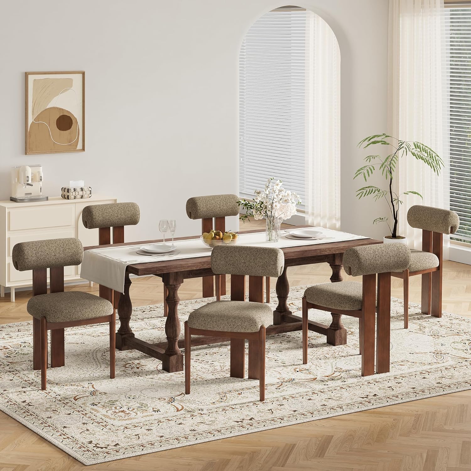 MALOL Modern Wooden Dining Chairs Set of 6, Upholstered Fabric Kitchen Chairs with Sculptural Backrest, Mid-Century Farmhouse Dining Room Chairs with Solid Wood Legs, Camel