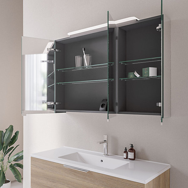 Amoire de toilette suspendue 100x19x72,5cm (LxPxH), 3 portes mirroir, éclairage LED   prise électrique, Charnières mobiles, NEO