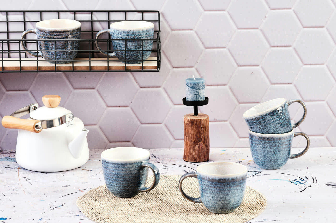 COSMOS - Lot de 6 mugs en grès bleu 30cl