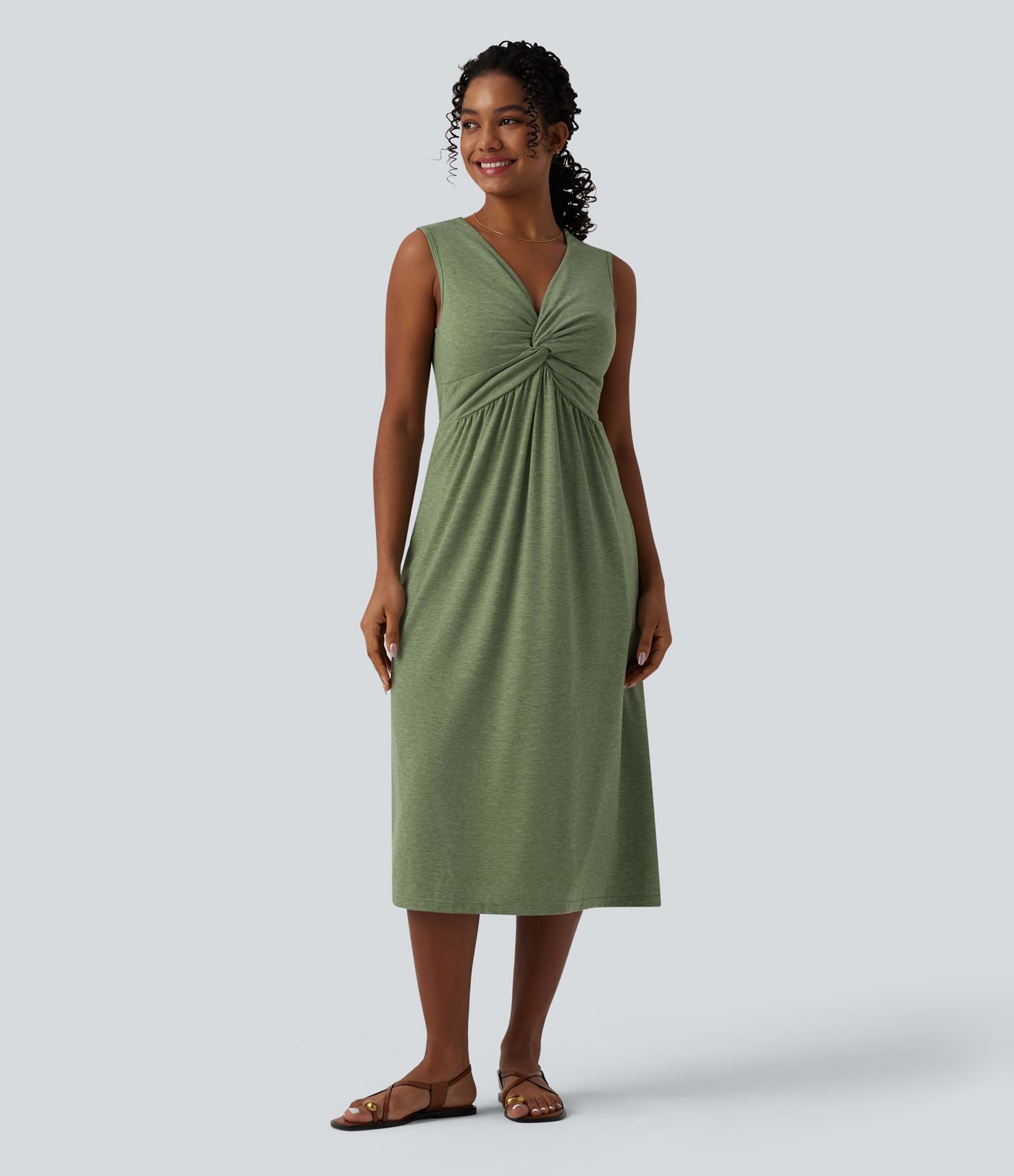 Robe midi évasée décontractée col V sans manches torsadée avec poches