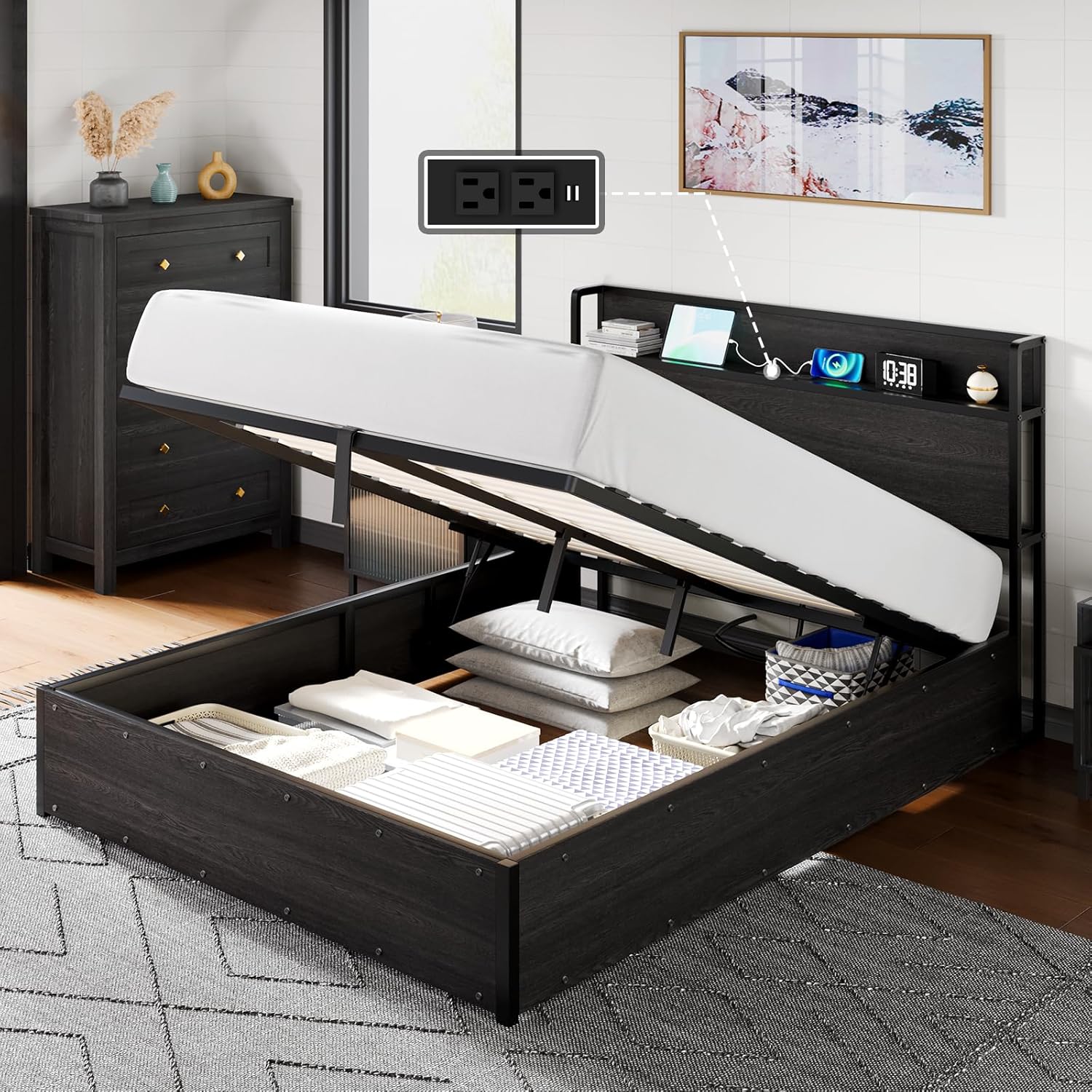 AMERLIFE Queen Size Lift Up Storage Bed Frame, Wooden Platform Bed Frame with Lifting Storage & Charging Station, No Spring Box Needed/Noise Free, Black
