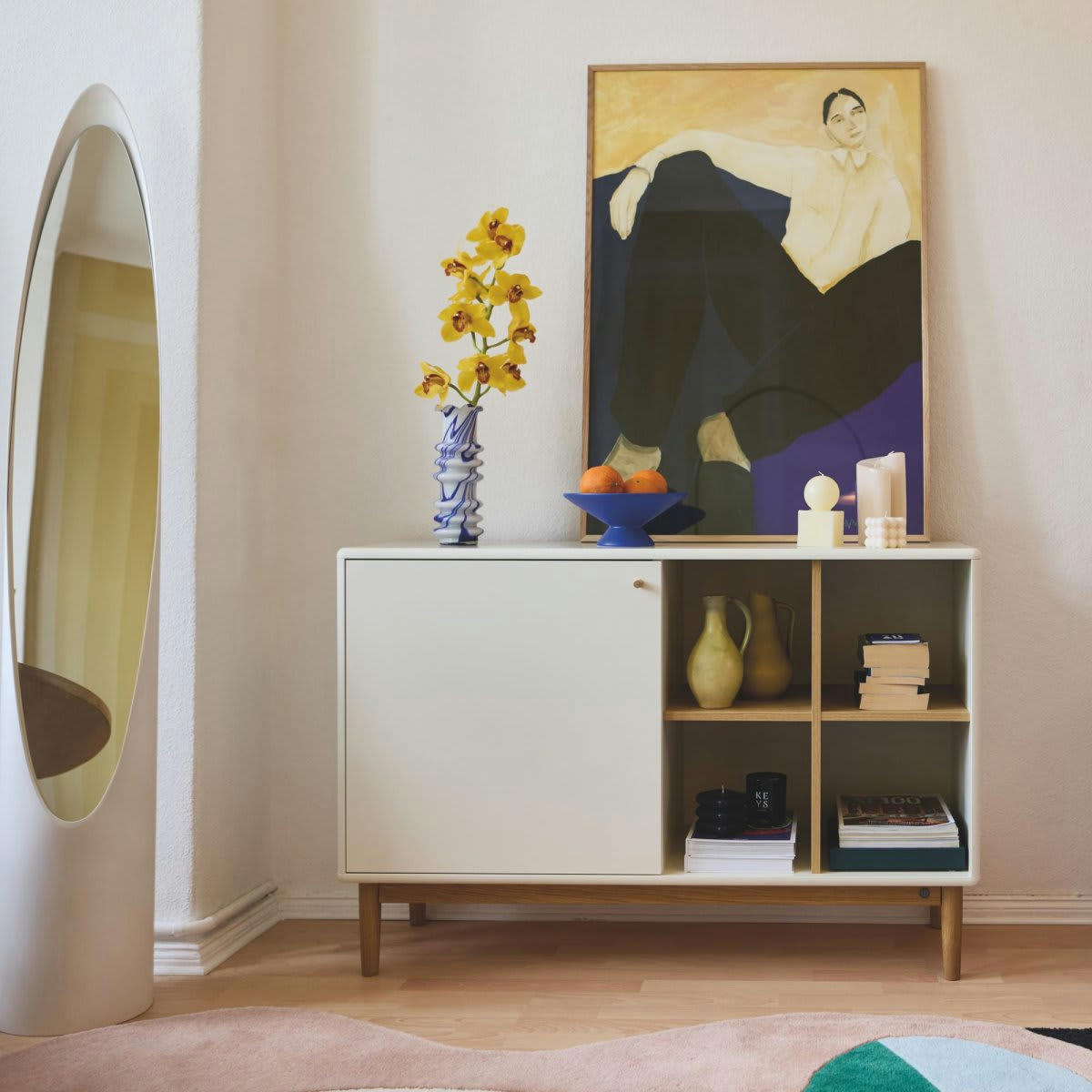 MARCEAU - Buffet 130cm en bois avec placard et niche beige