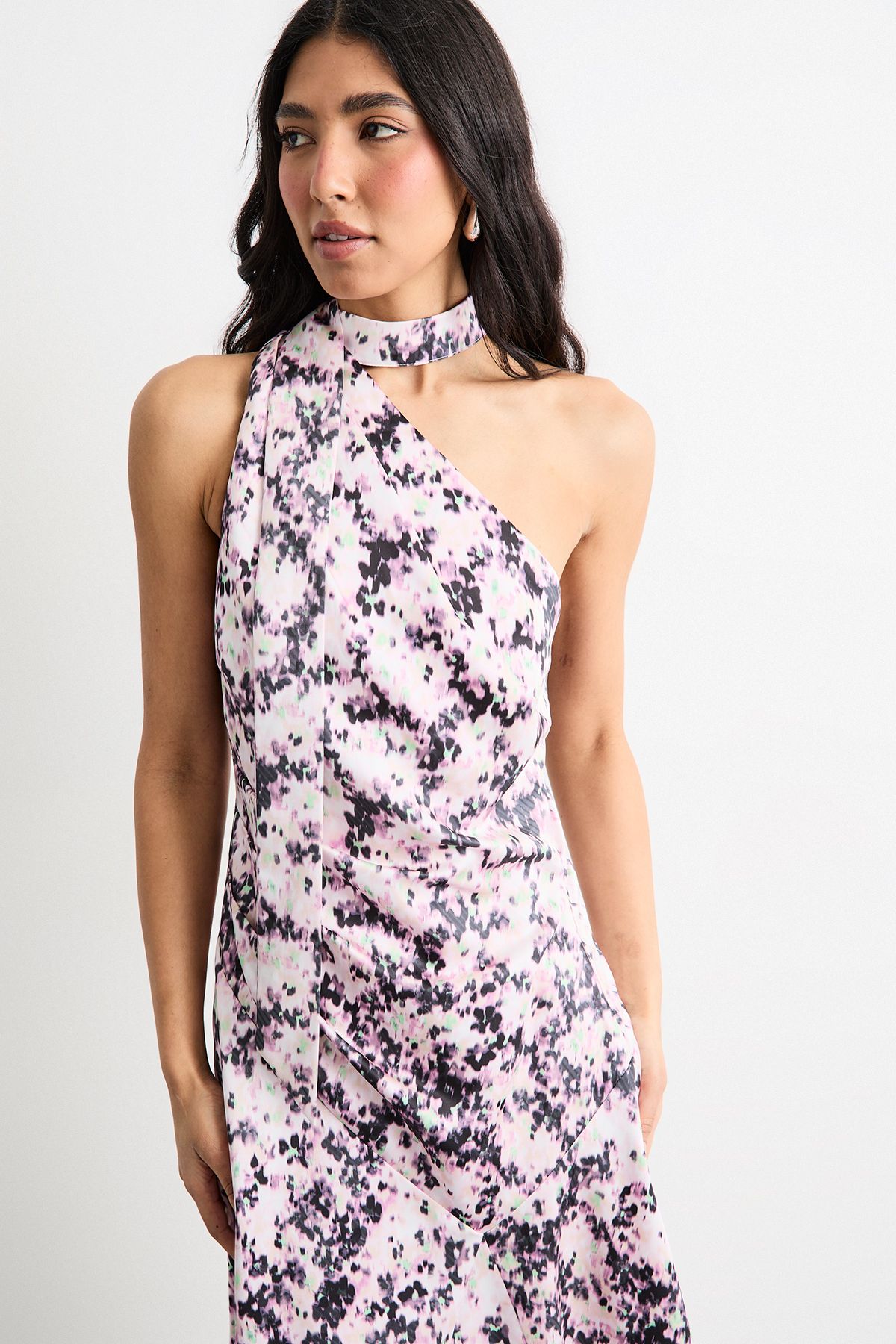 Warehouse Printed Scarf Tie Asymmetric Satin Maxi Dress