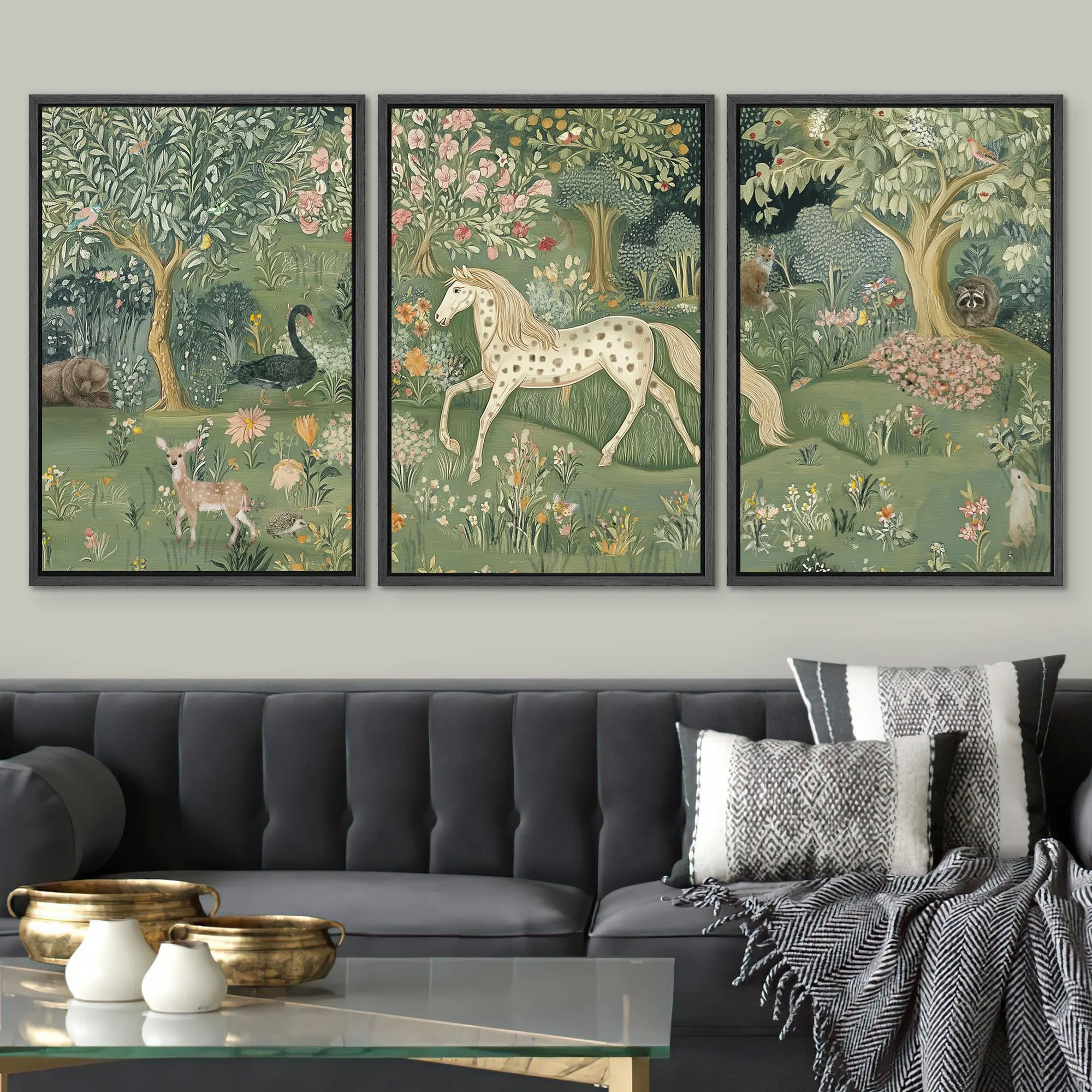 Enchanted Horse Art Set of 3 - Framed Woodland Animal Canvas Prints, Whimsical Forest Scenes for Nursery, Living Room or Fairy Tale Decor