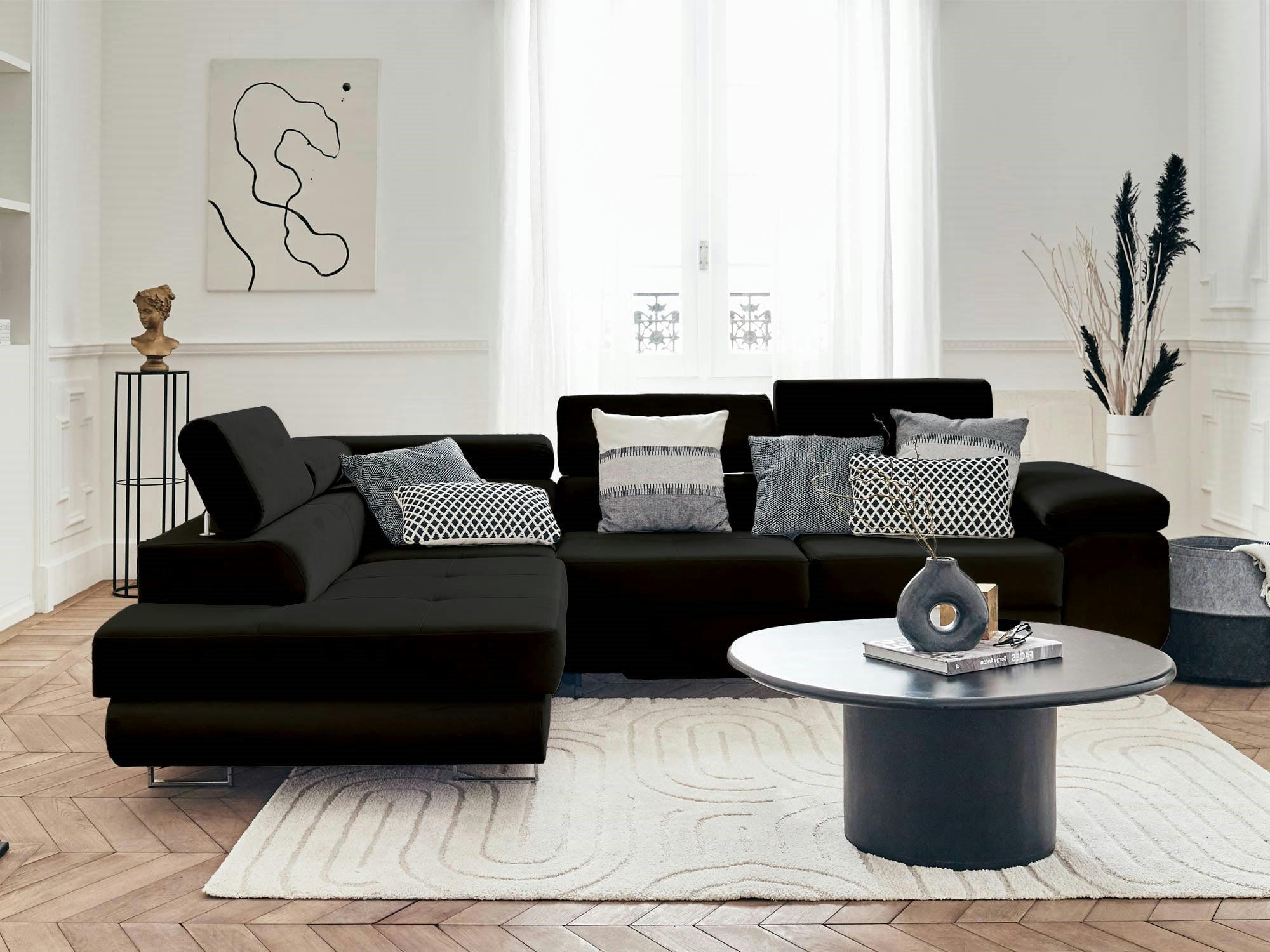 PABLO - Canapé d'angle gauche convertible 5 places en velours noir