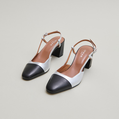 Slingbacks à talonsen cuir noir et argent | DHAPOP