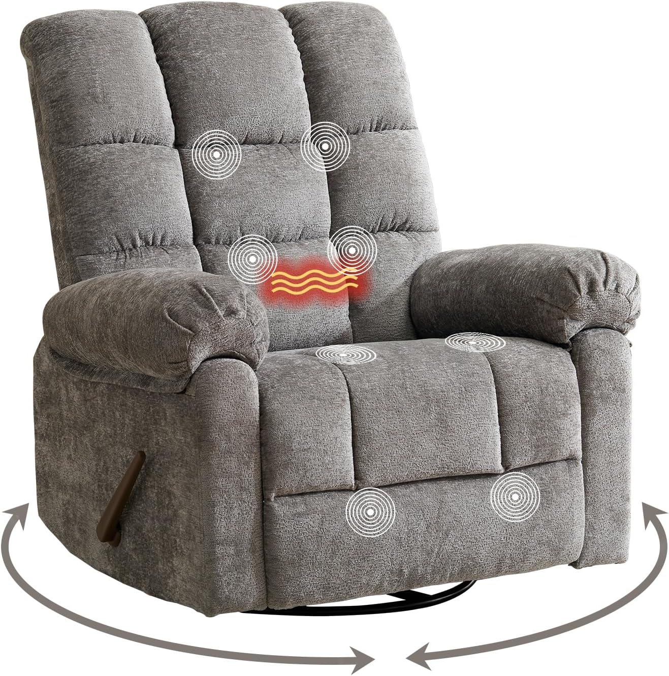 Swivel Rocker Recliner Chair with Heat and Massage, Oversized Rocker Recliner with Overstuffed Backrest,Swivel Glider Recliner for Living Room,Grey