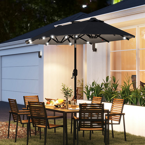 Parasol de jardin double 3 x 1,5 m éclairage solaire polyester gris
