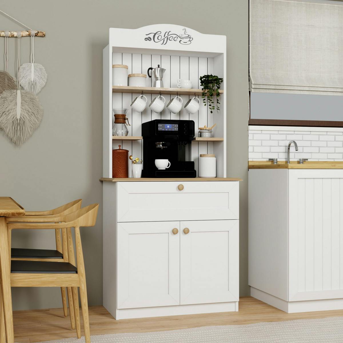 Vaisselier cuisine blanc 2 portes, niche machine à café VAREN