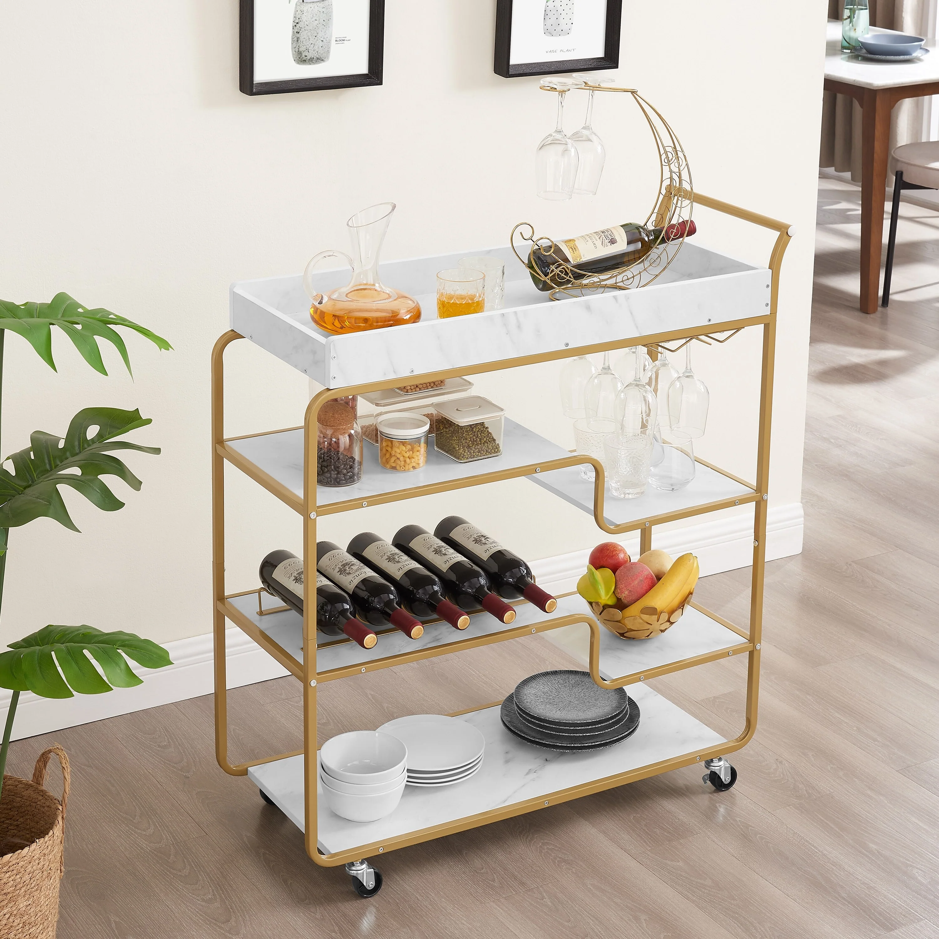 6-Tier Bar Cart with Wine Rack and Glass Holder, Slide Bar Serving Cart for The Home Kitchen Dining Room