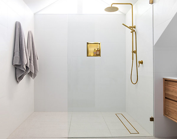 Balneo Niche murale de douche 30x30x7cm, étagère encastrable douche acier inox, finition gold, WALL-BOX ONE