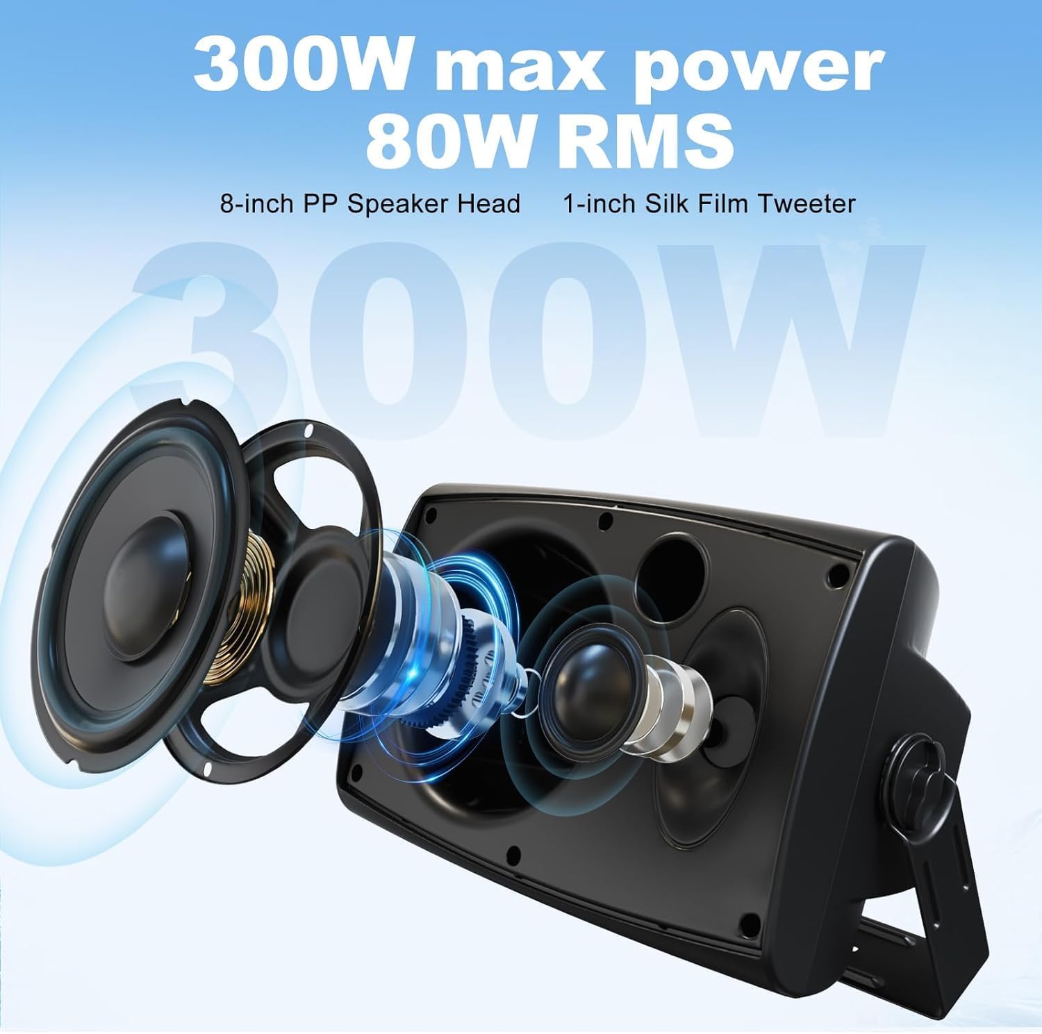 Herdio 8 Inch 600W Outdoor Bluetooth Speakers Waterproof with Powerful Bass, TWS Pairing Wall Mount Durable Loud Sound System | Ideal for Large Spaces: Commercial Areas, Spacious Backyards (Black)