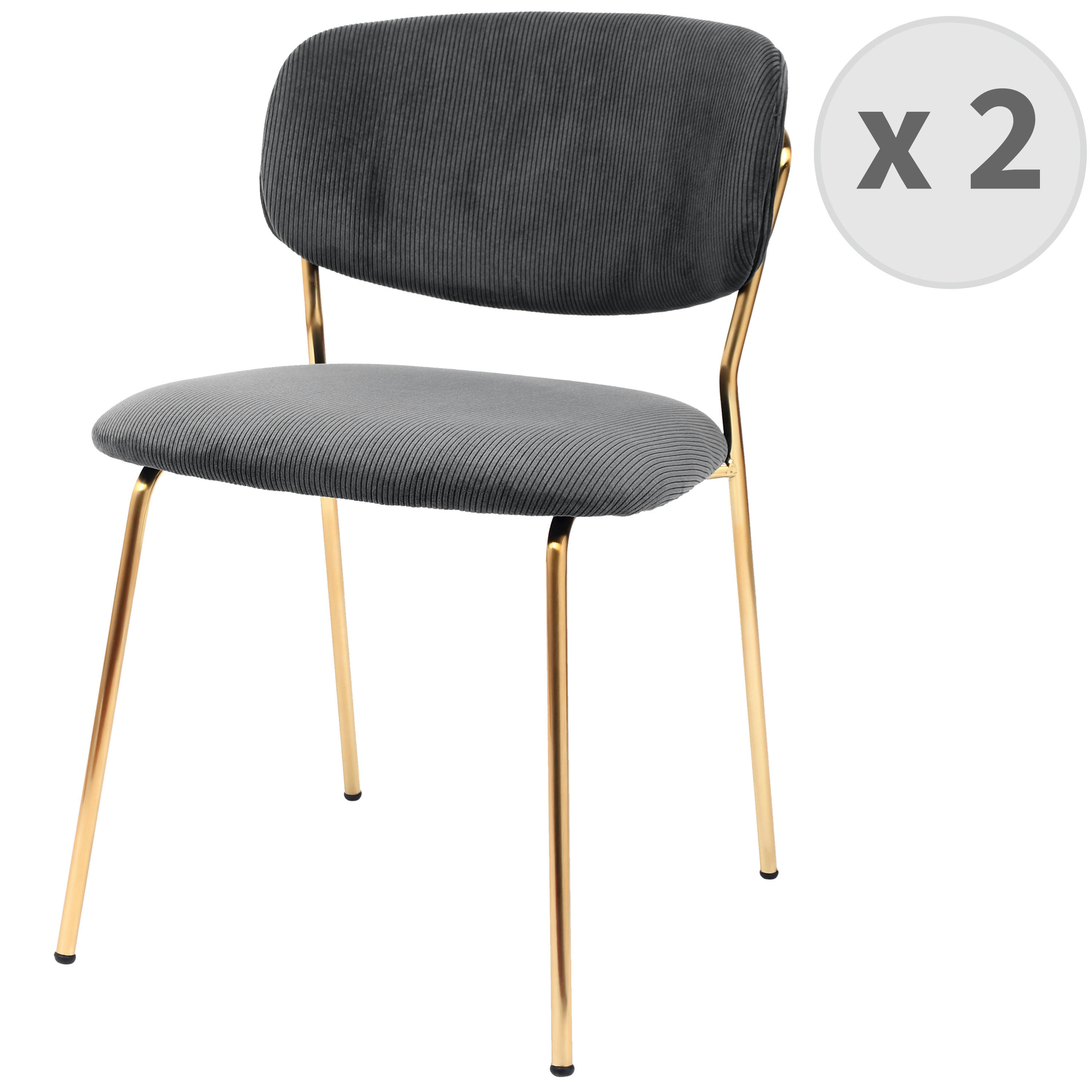 CLARA - Chaise en tissu côtelé Carbone et métal doré brossé (x2)