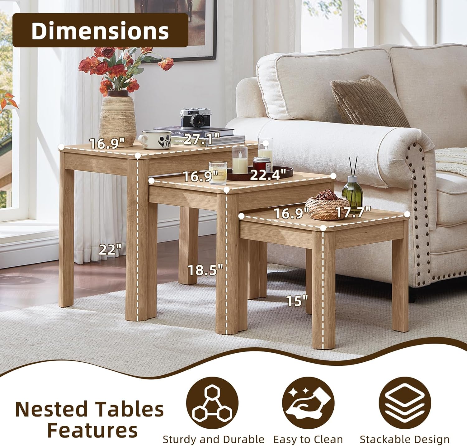Joaxswe Farmhouse Nesting Tables Set of 3, Living Room Table Set with Rounded Corners & 4 Thickened Table Legs, Natural Wood