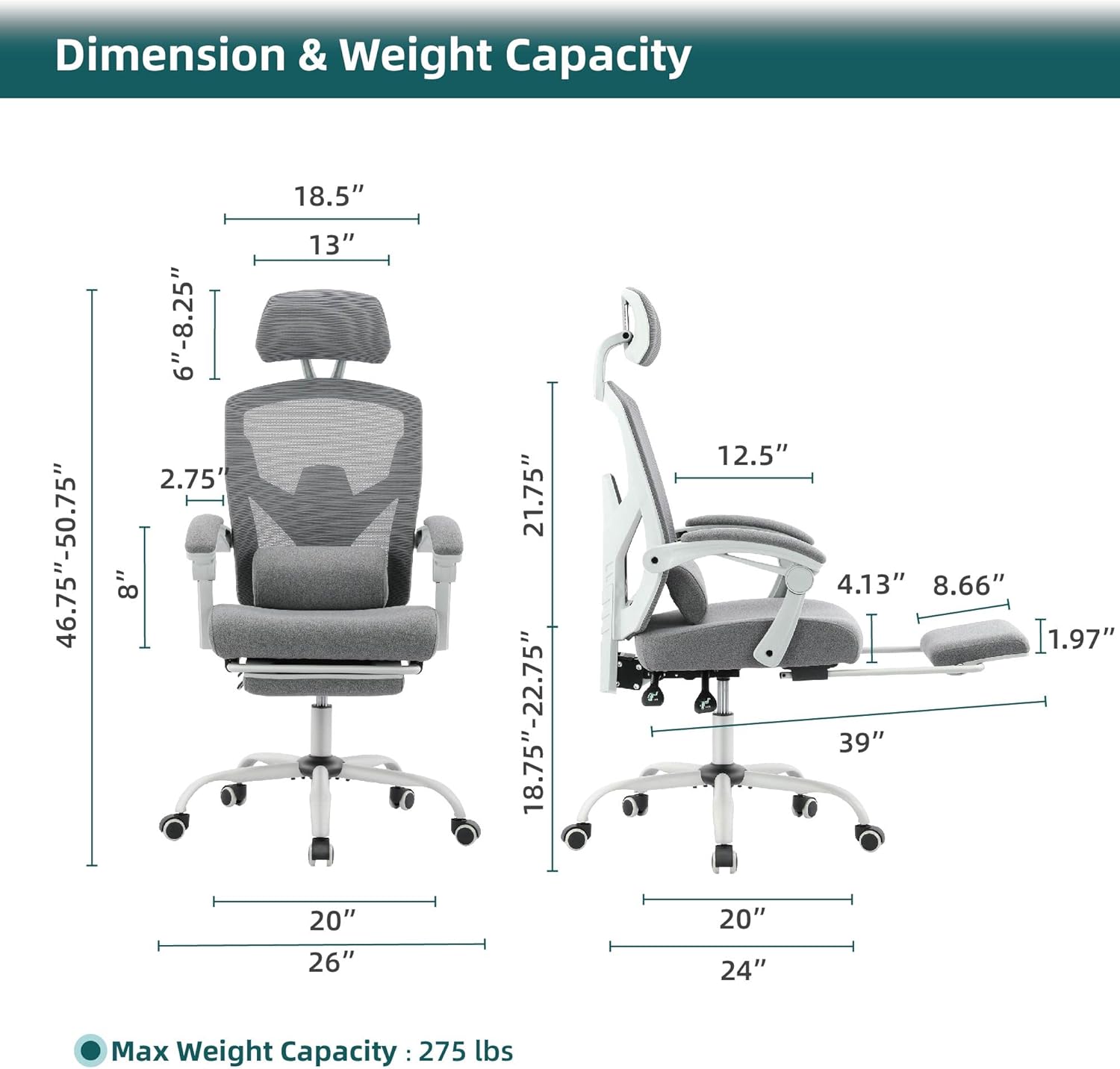 DUMOS Home Office Desk Chair with Footrest, High-Back Mesh Rolling Swivel Reclining Chairs with Wheels, Comfortable Headrest, Lumbar Support, Comfy Arms for Home, Office, Gaming, Student,Elegant Grey
