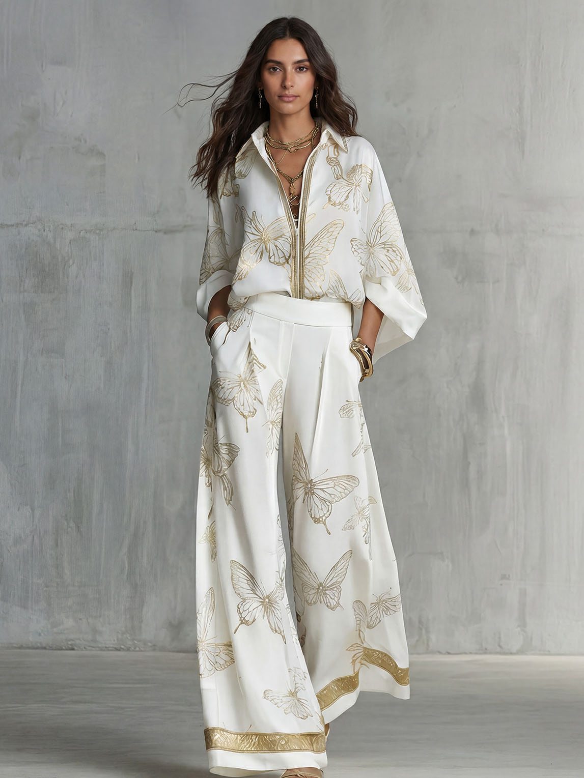 Elegant Butterfly Print Zip-Up Top & Wide Leg Pants Set