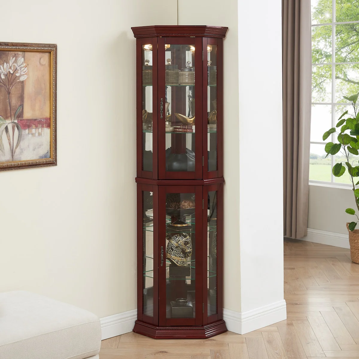 Corner Curio Cabinet with Lights, Adjustable Tempered Glass Shelves, Mirrored Back, Display Cabinet