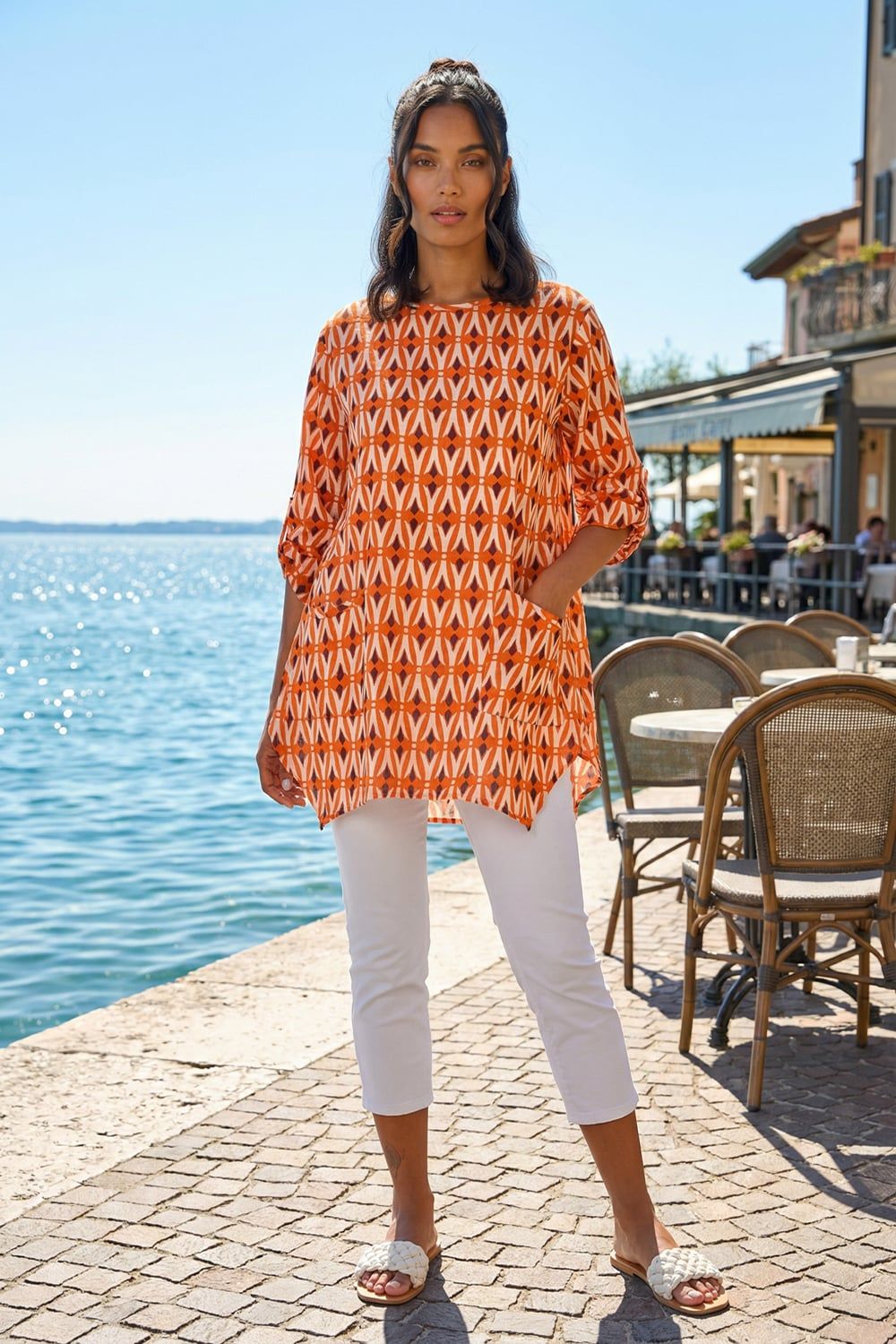 Roman Cotton Geometric Pocket Longline Tunic Top