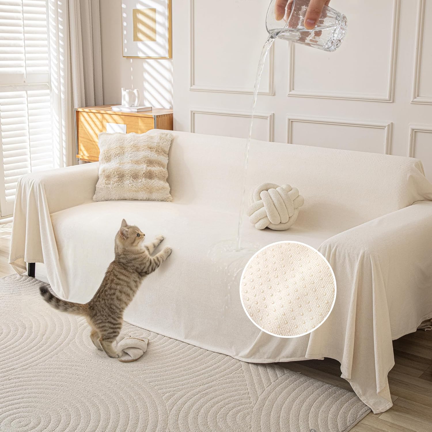 Waterproof Couch Covers for 4 Cushion, Non Slip Cat-Scratch Resistant Sofa Couch Covers for Dogs, L Shape Sectional Protectors Slipcovers, Large Furniture Covers for Pets, 91 x 150, Ivory