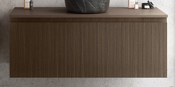 Meuble vasque suspendu plaqué noyer strié l.120 cm   plan de toilette plaqué noyer pour 1 vasque, Pura