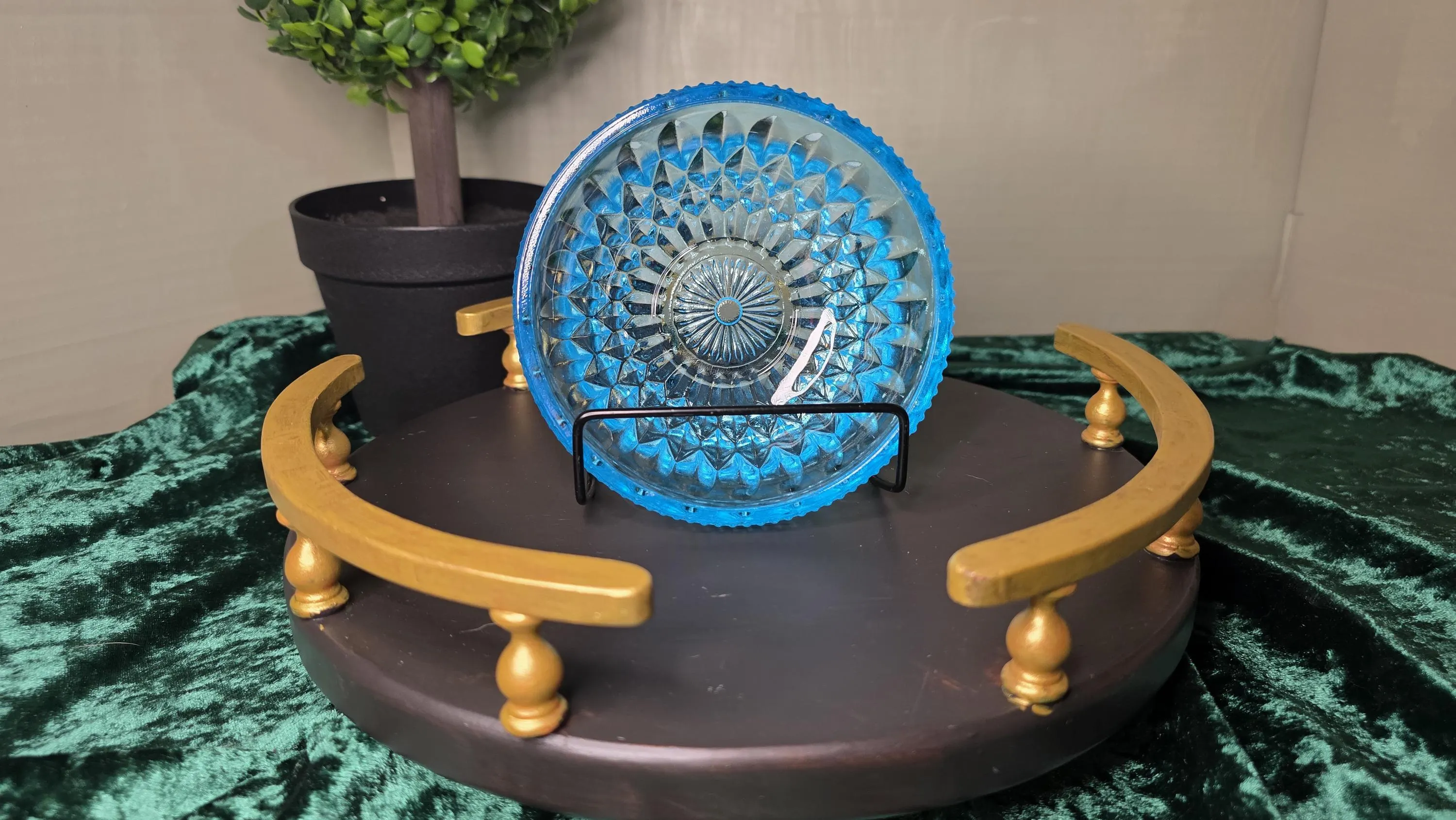 Vintage Blue Pressed Glass Plate — Mid‑Century Geometric Pattern