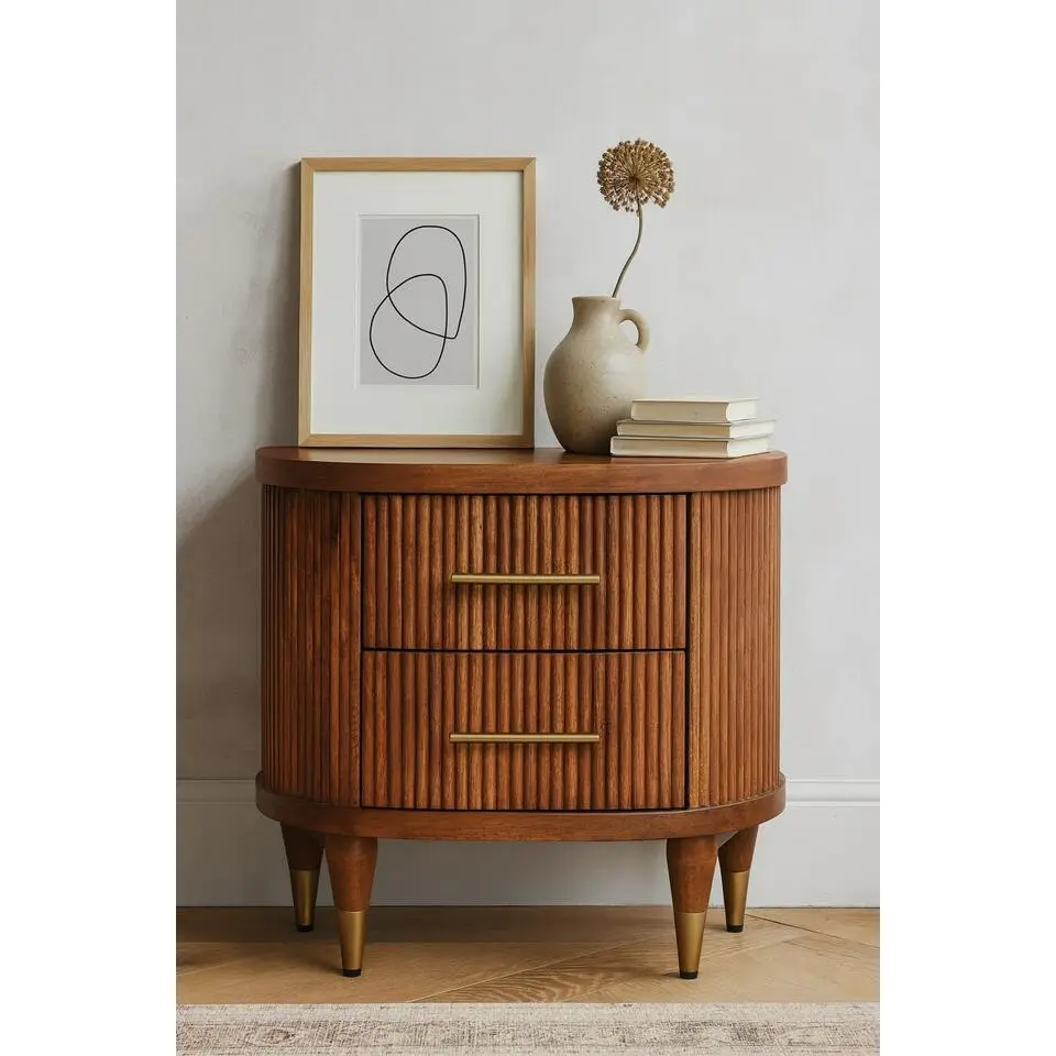 Artisan Furniture Massief Houten Geribd Nachtkastje met Messing Accenten, 2Lades