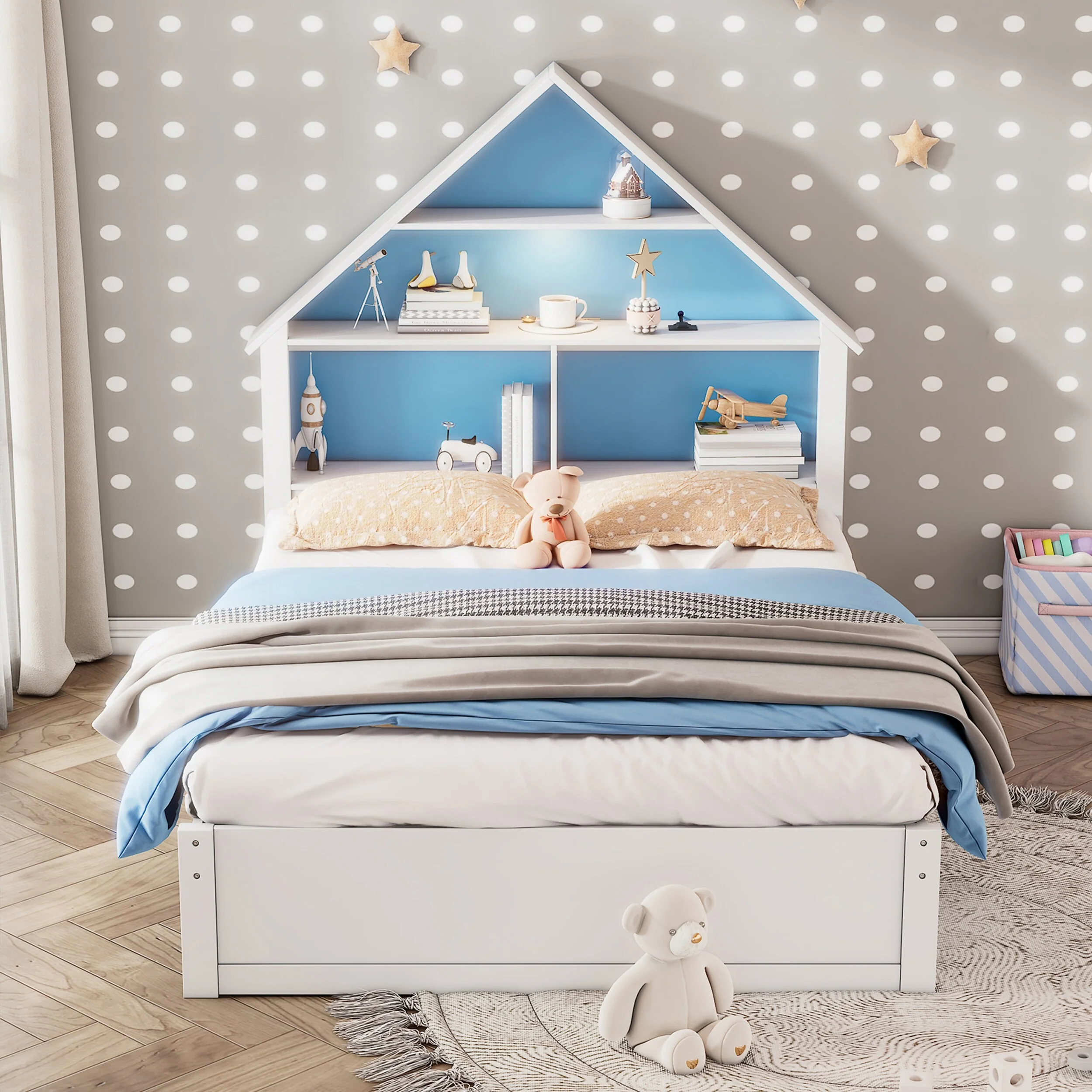 Full Size House Bed with Bookcase Headboard and LED Light for Kids