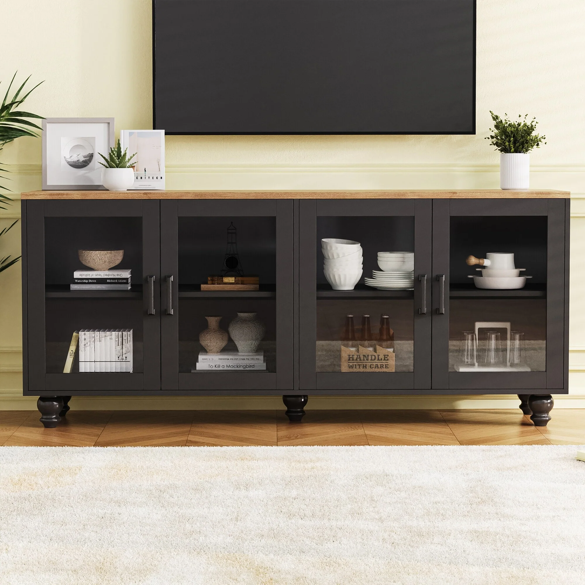 Black + Dark Walnut Farmhouse 63 TV Stand Cabinet with Tempered Glass Doors and Adjustable Shelves for TVs Up to 70