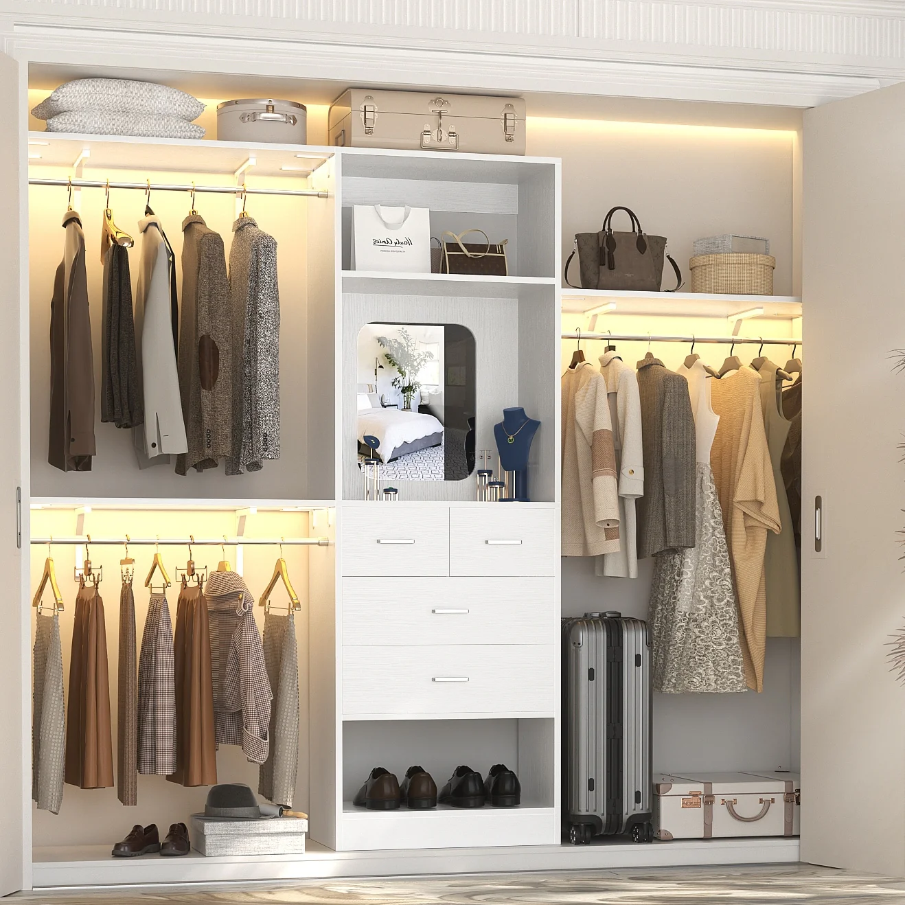 96'' W Closet System with Mirror, 8FT Walk-in Closet Organizer Kits with 4 Wooden Drawers ＆ 3 Extendable Hanging Rods