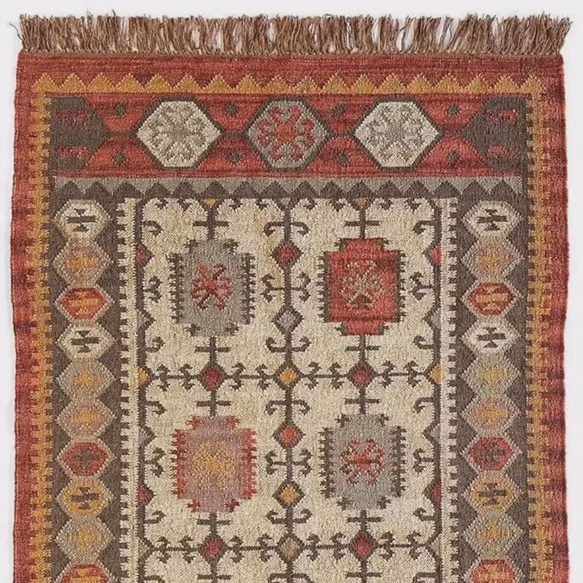 Handwoven Wool Jute Kilim Rug: Southwestern Boho Tribal Design