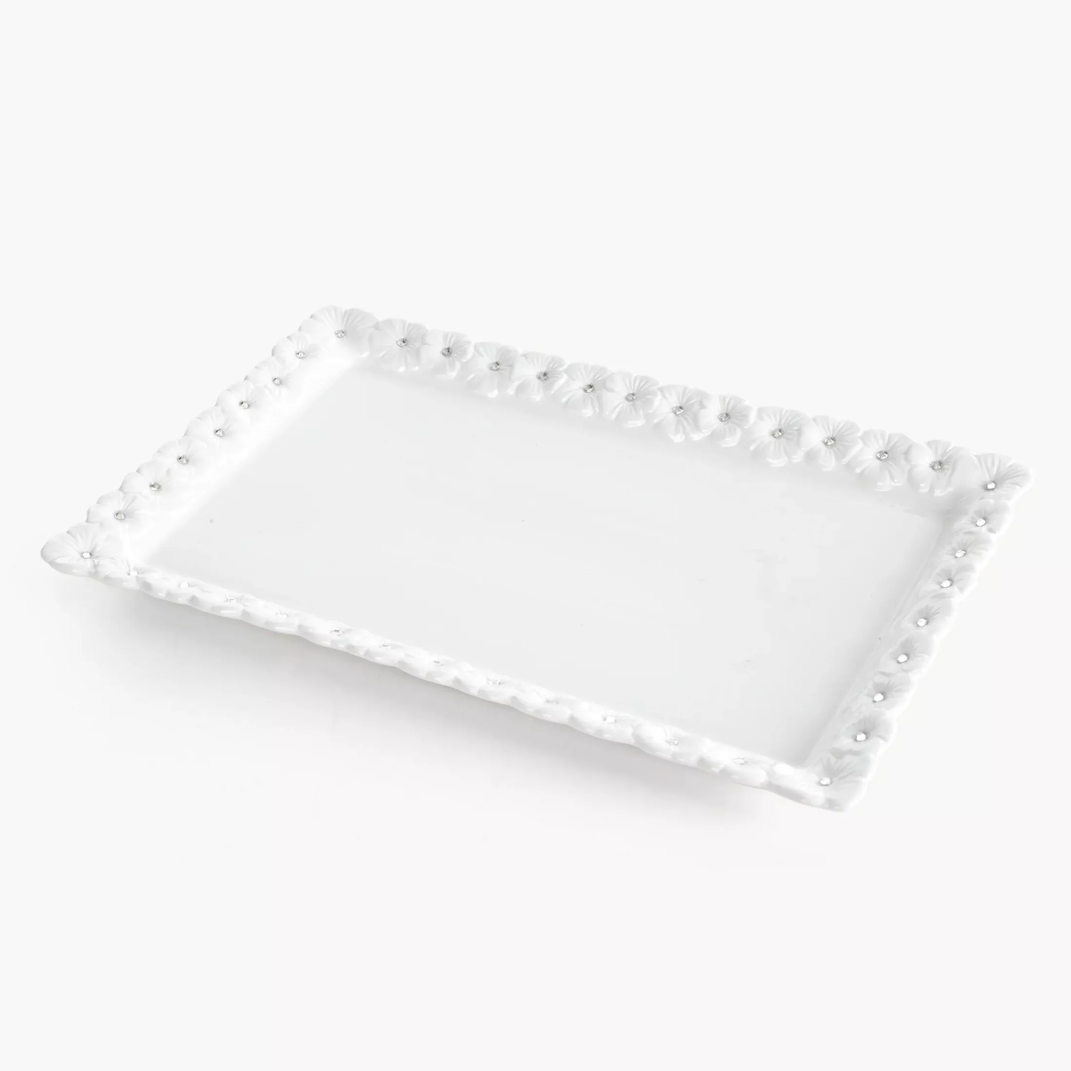 Patera dekoracyjna biała zdobiona w drobne kwiaty z błyszczącym wykończeniem 30x19x3 cm ELISA