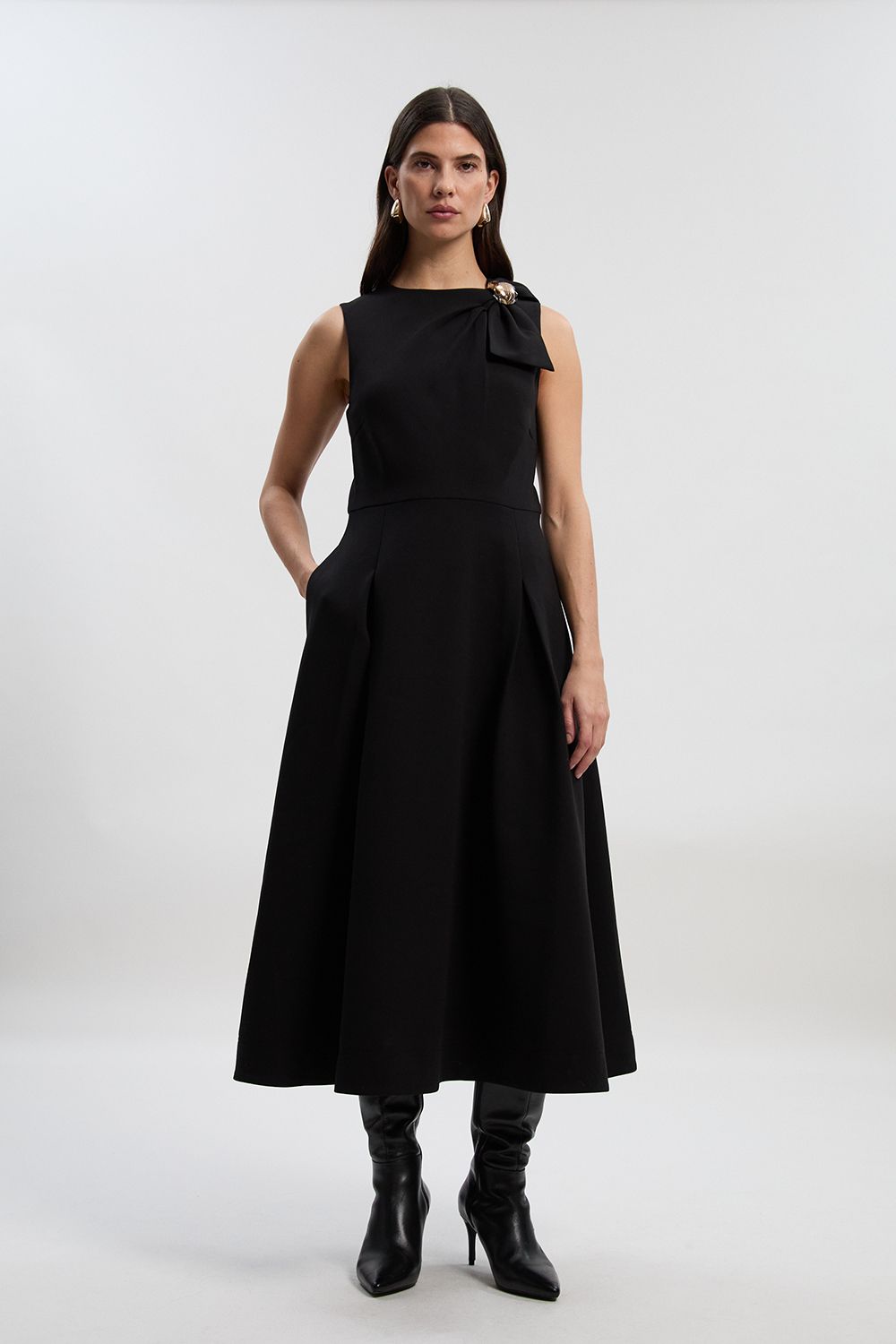 KarenMillen Petite Compact Stretch Bow Tie Neck Trim Detail Tailored Full Midi Dress