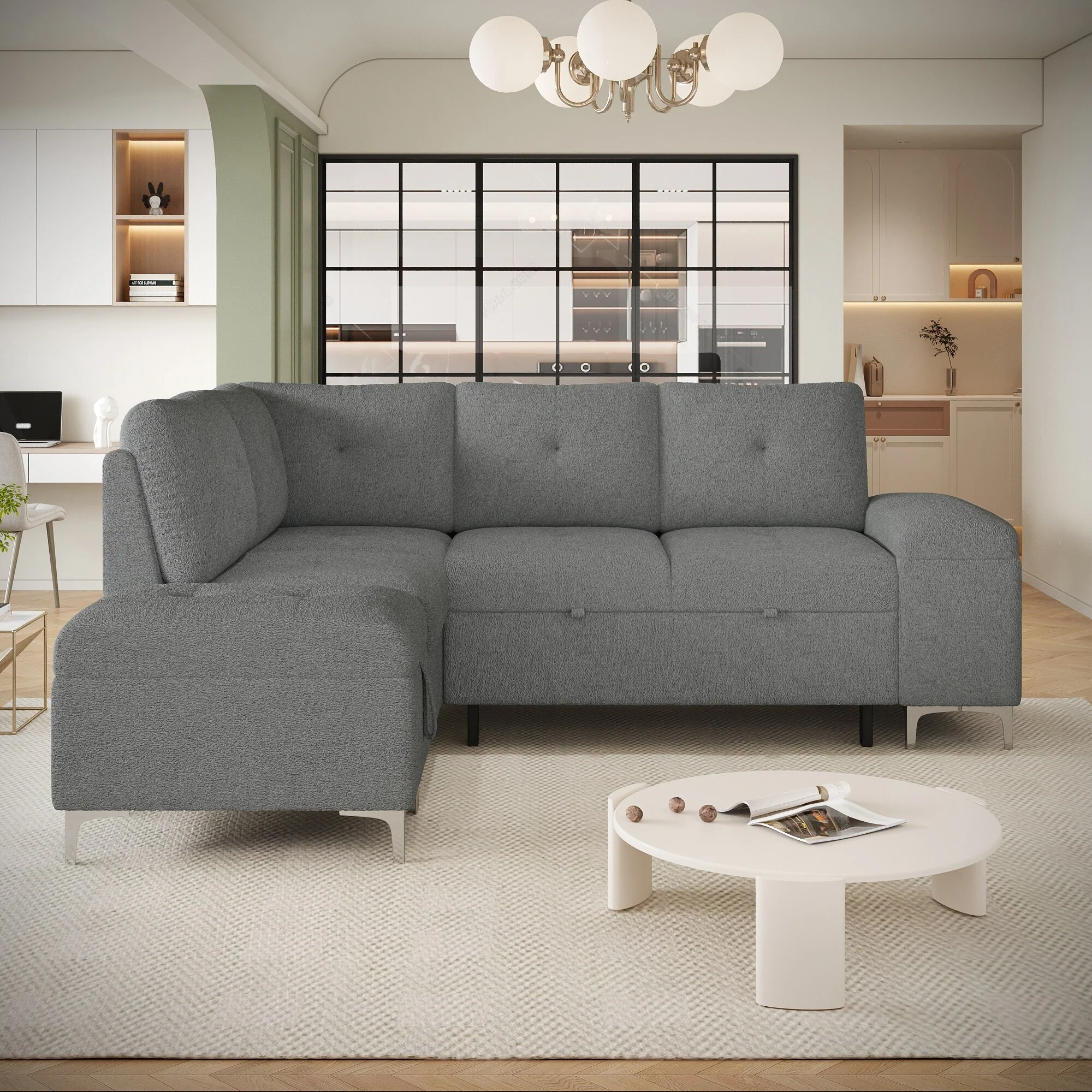 Contemporary L Shaped Sectional Sofa with Storage Ottoman and USB Ports and Drop Down Table for Living Room