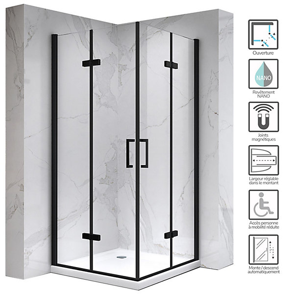 Cabine de douche ATéA-BLACK H.190 cm, 90 x 120 cm, 2 portes pliantes et pivotantes, verre transparent 6 mm - Saniverre