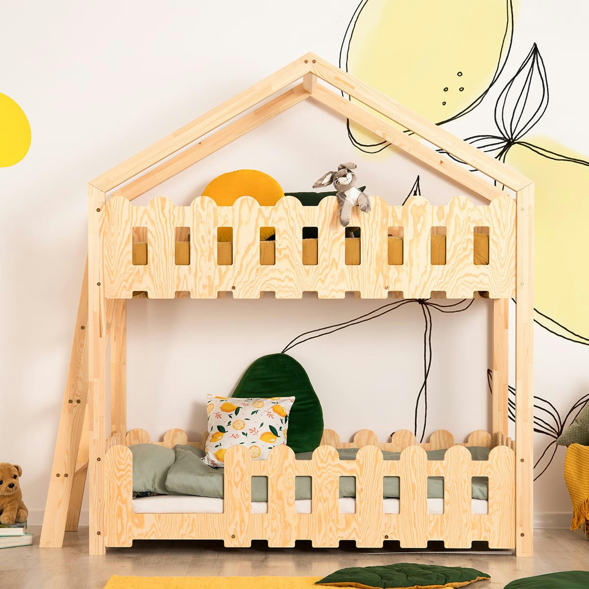 CHLOÉ - Lit cabane superposé 70x140 échelle à gauche sommier inclus naturel