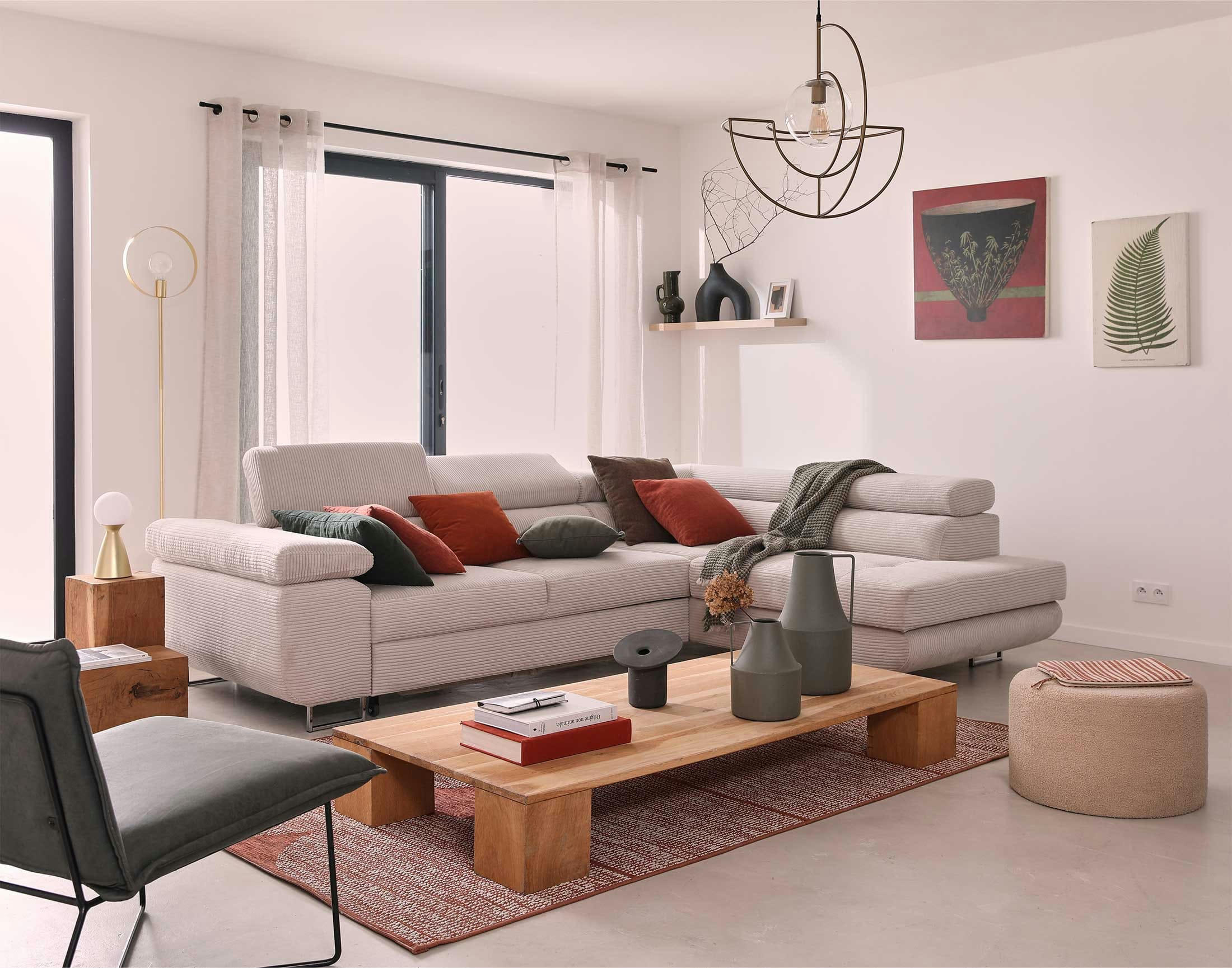 ZARIA - Canapé d'angle droit convertible 5 places en velours côtelé beige