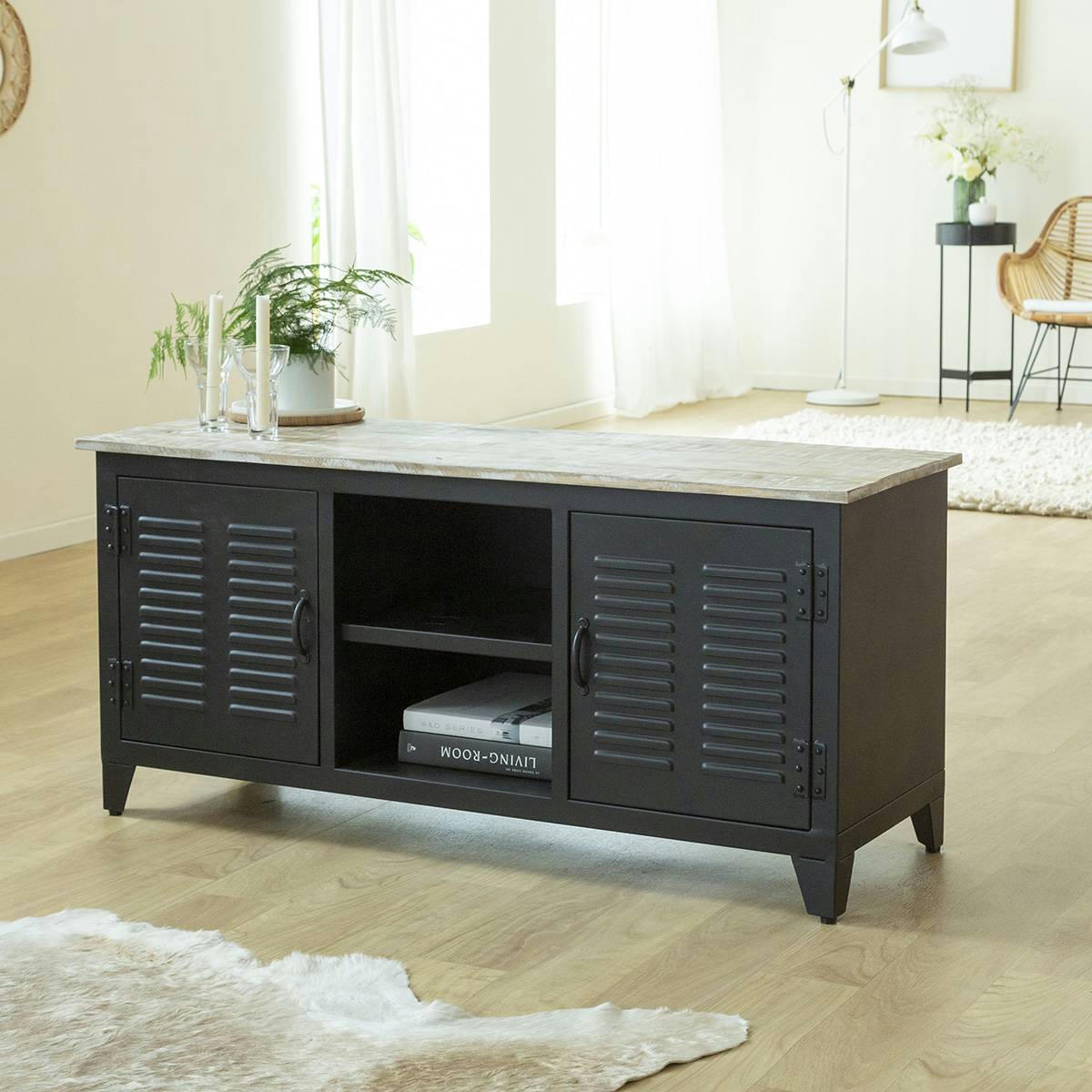 WHITE - Meuble TV en métal noir 130 cm