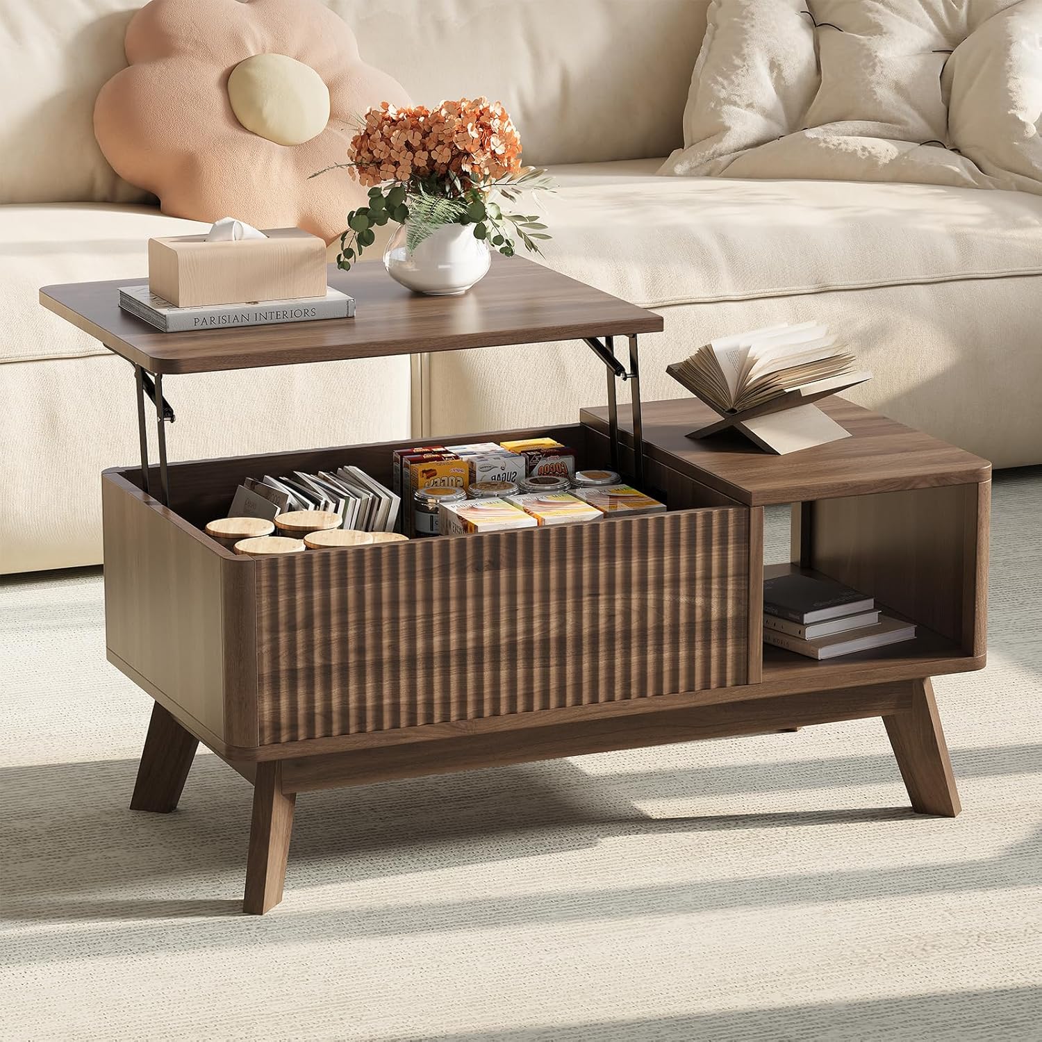 Wood Lift Top Coffee Table with Hidden Compartment and Large Storage Shelf, Lift Tabletop Dining Center Table for Home Living Room Office,Walnut