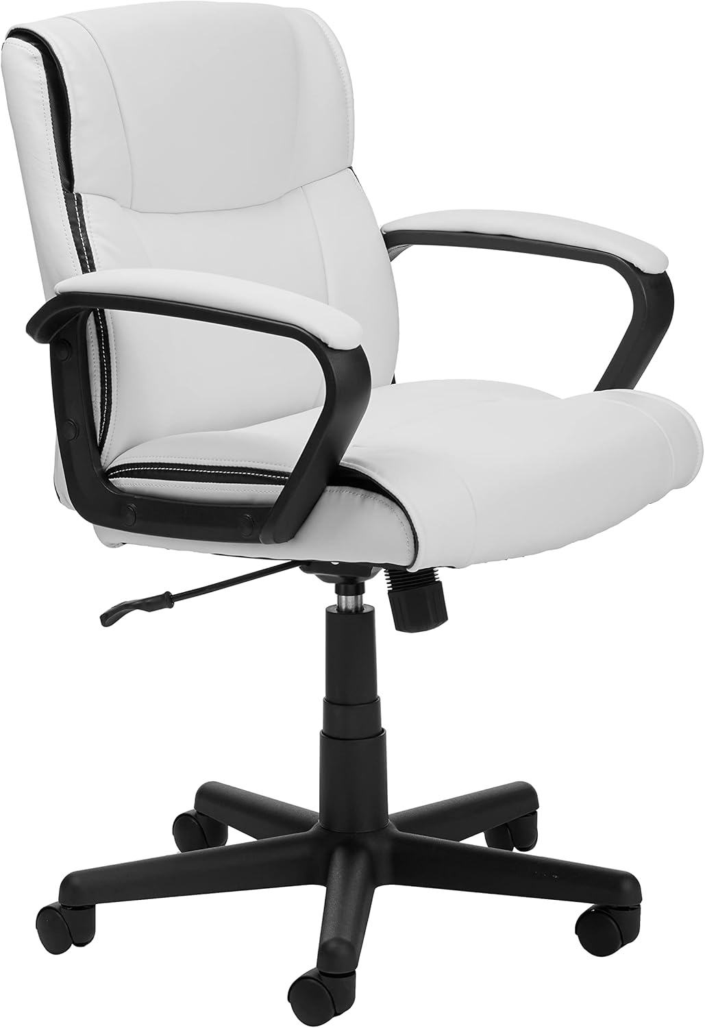 Amazon Basics Office Task Chair with Adjustable Height, 360° Swivel, Padded Armrests, Mid-Back, 275 Pound Capacity, BIFMA Certified, 24.2D x 24W x 38.6H, White Faux Leather