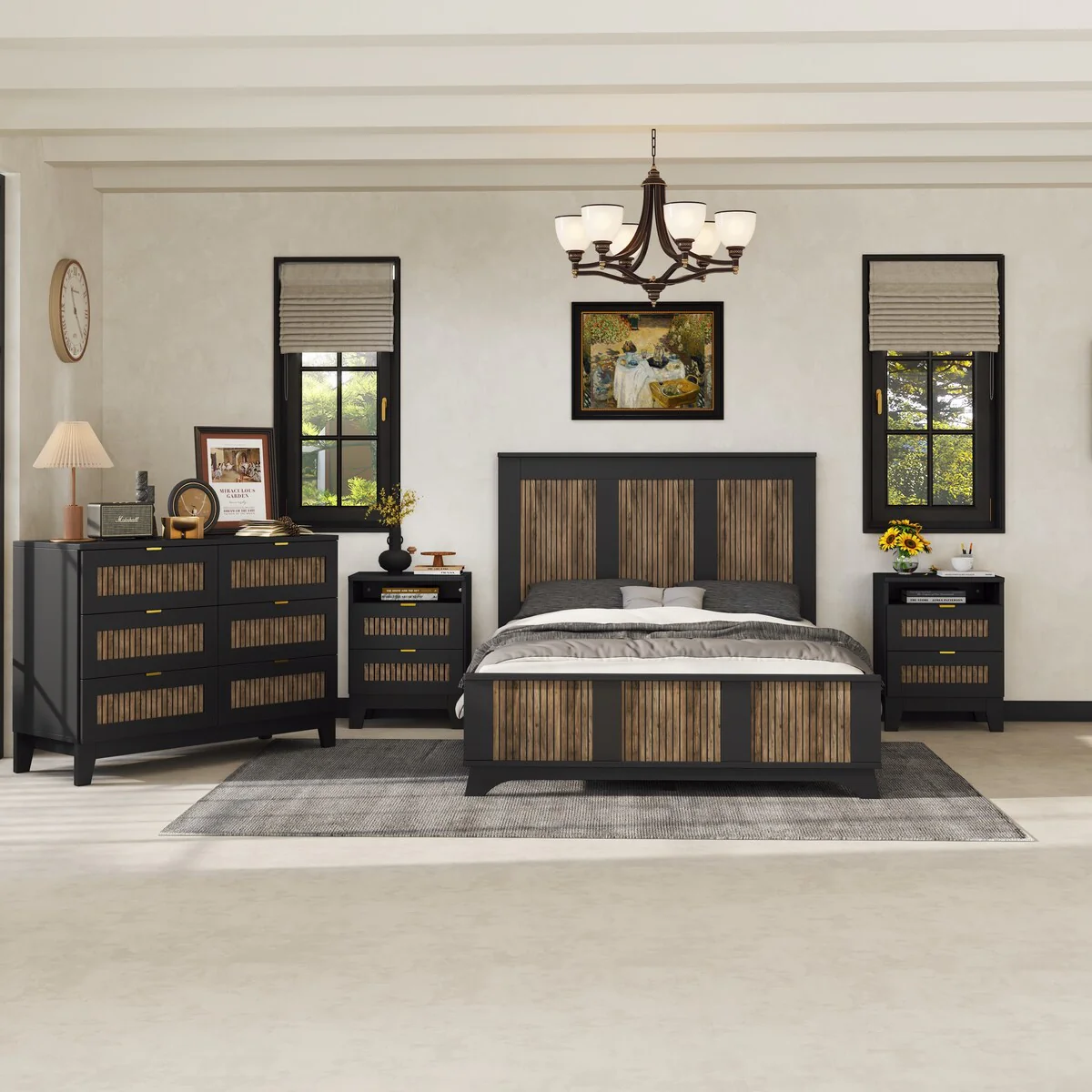 4-Pieces Bedroom Sets,Full Size Farmhouse Platform Bed with Wooden Strip Decoration,Storage Nightstand and Dresser
