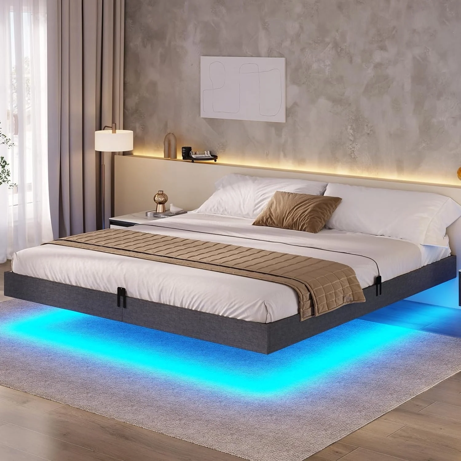 Bed Frame Floating LED Lights Industrial Wooden Metal Platform Bed