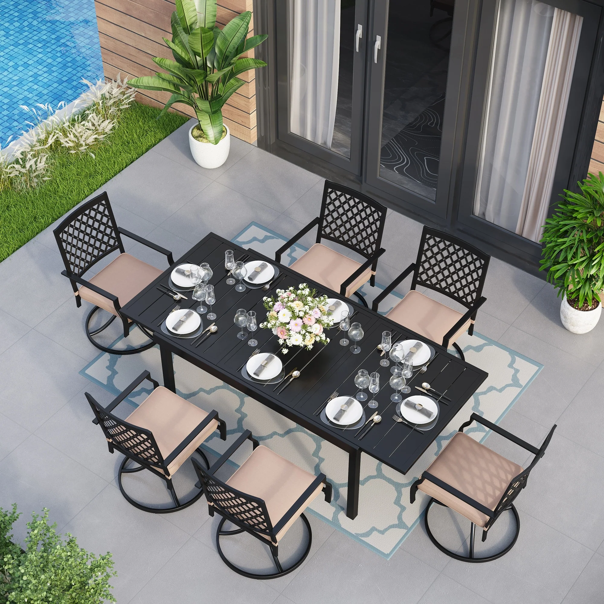 MAISON ARTS Seats up to 6/8 Outdoor Patio Dining Set, 6/8 Metal Mesh Swivel Chairs, 1 Rectangular Expandable Table