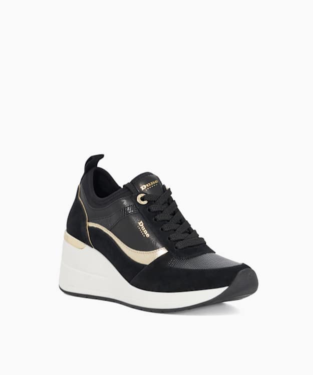 Elarah Black - Leather Mix Wedge Trainers