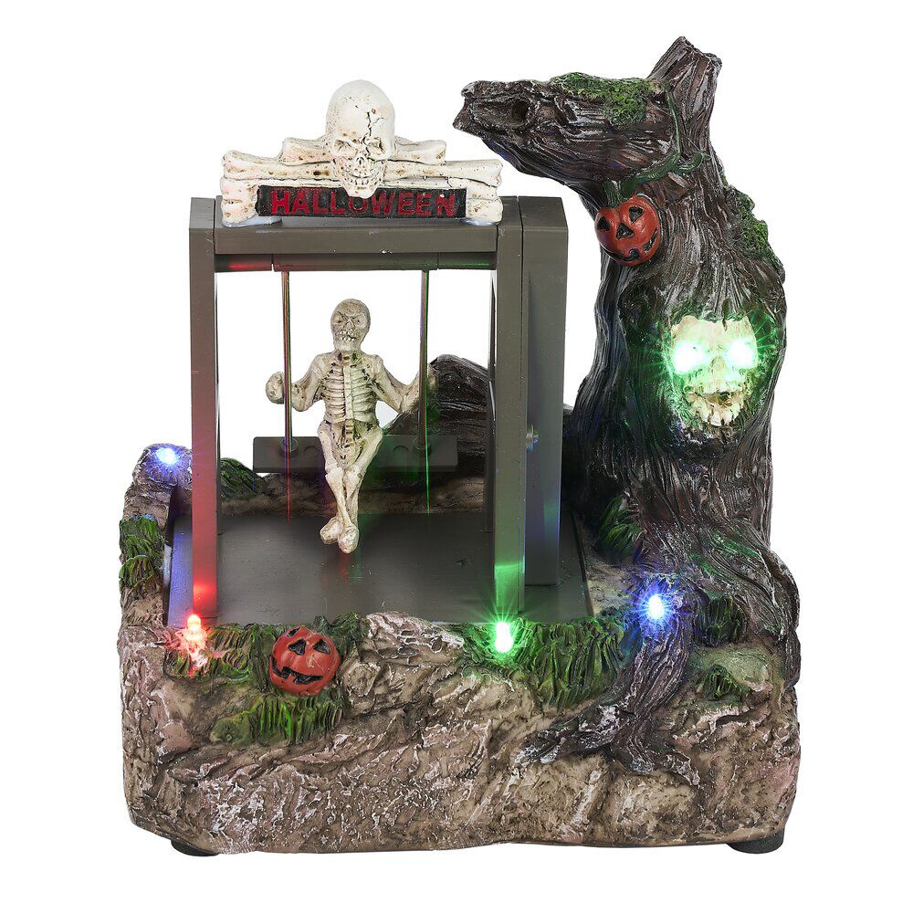 Village animé Halloween à piles squelette sur balançoire H18,5cm