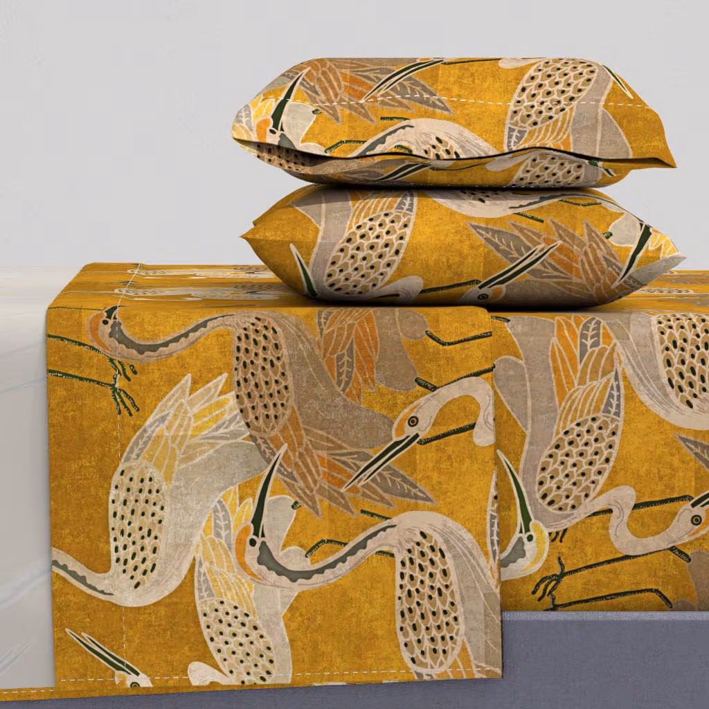Maximalism Sheets - Golden Hour Cranes by shellyreneedesigns - Art Deco Birds Boho Crane Luxe Cotton Sateen Sheet Set Bedding by Spoonflower