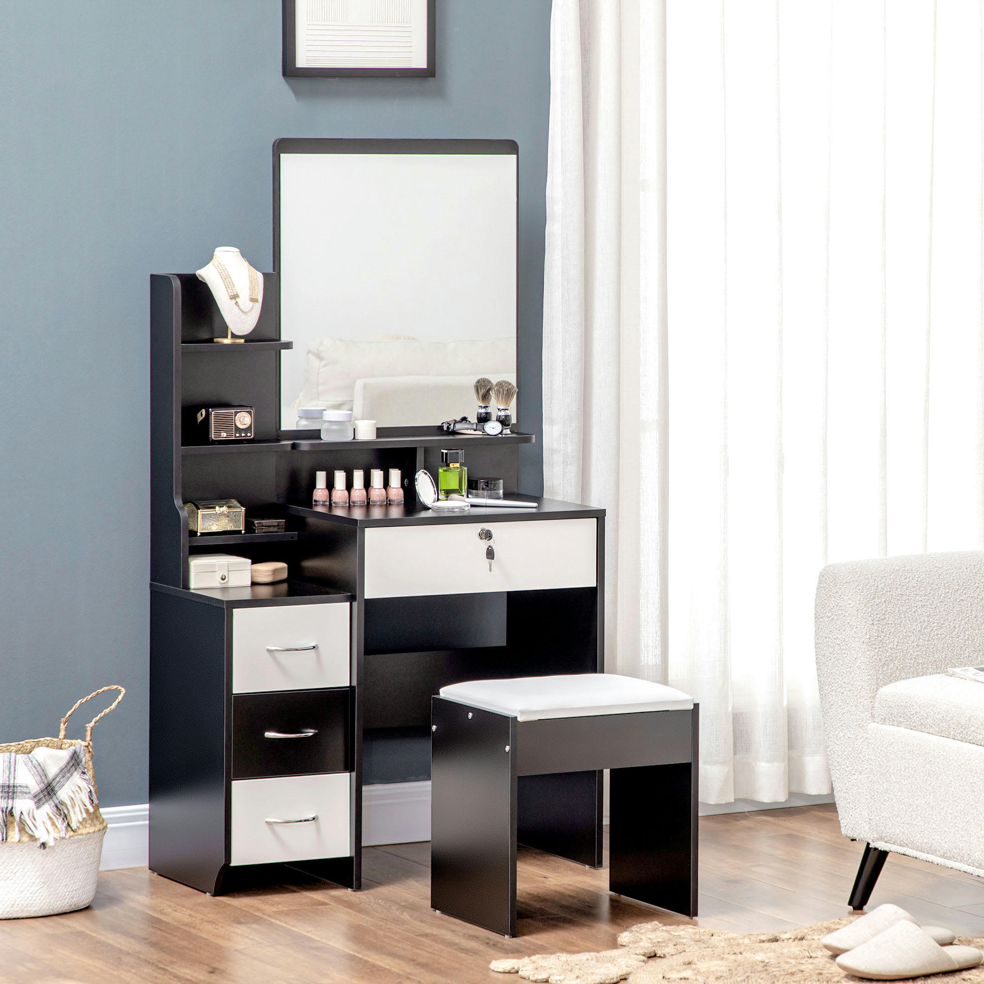 - Ensemble coiffeuse tabouret 4 tiroirs 4 étagères miroir noir blanc