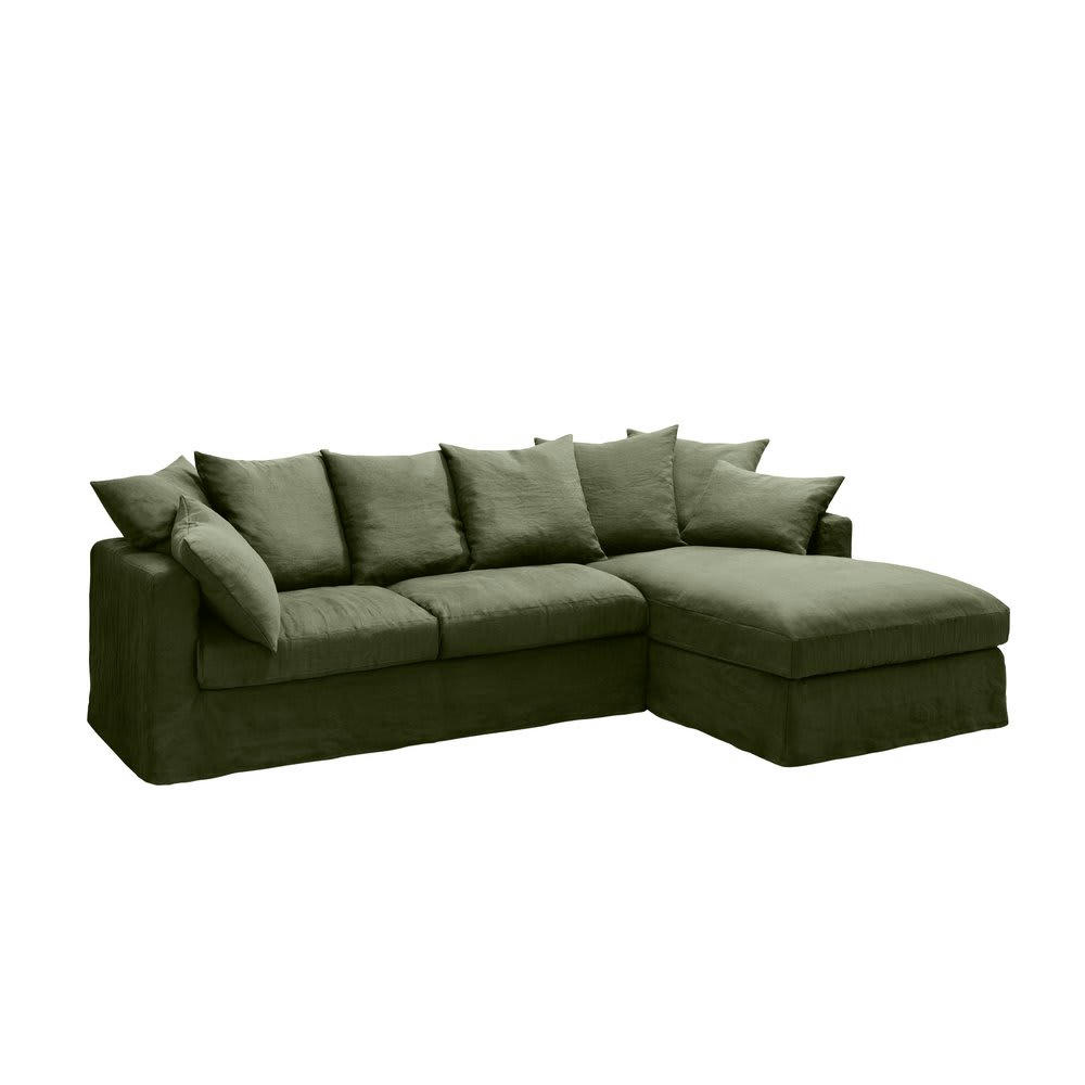 PERUGIA - Canapé d'angle à droite en tissu lin vert - PERUGIA